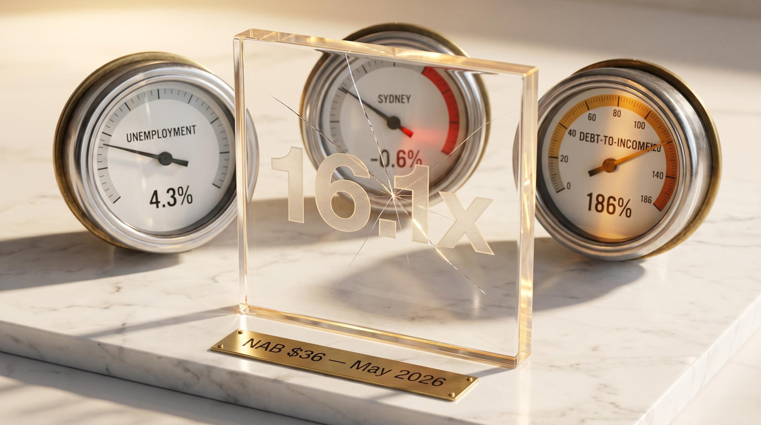 Cracked glass panel etched with NAB's PE of 16.1x flanked by macro gauges showing 4.3% unemployment and 186% household debt