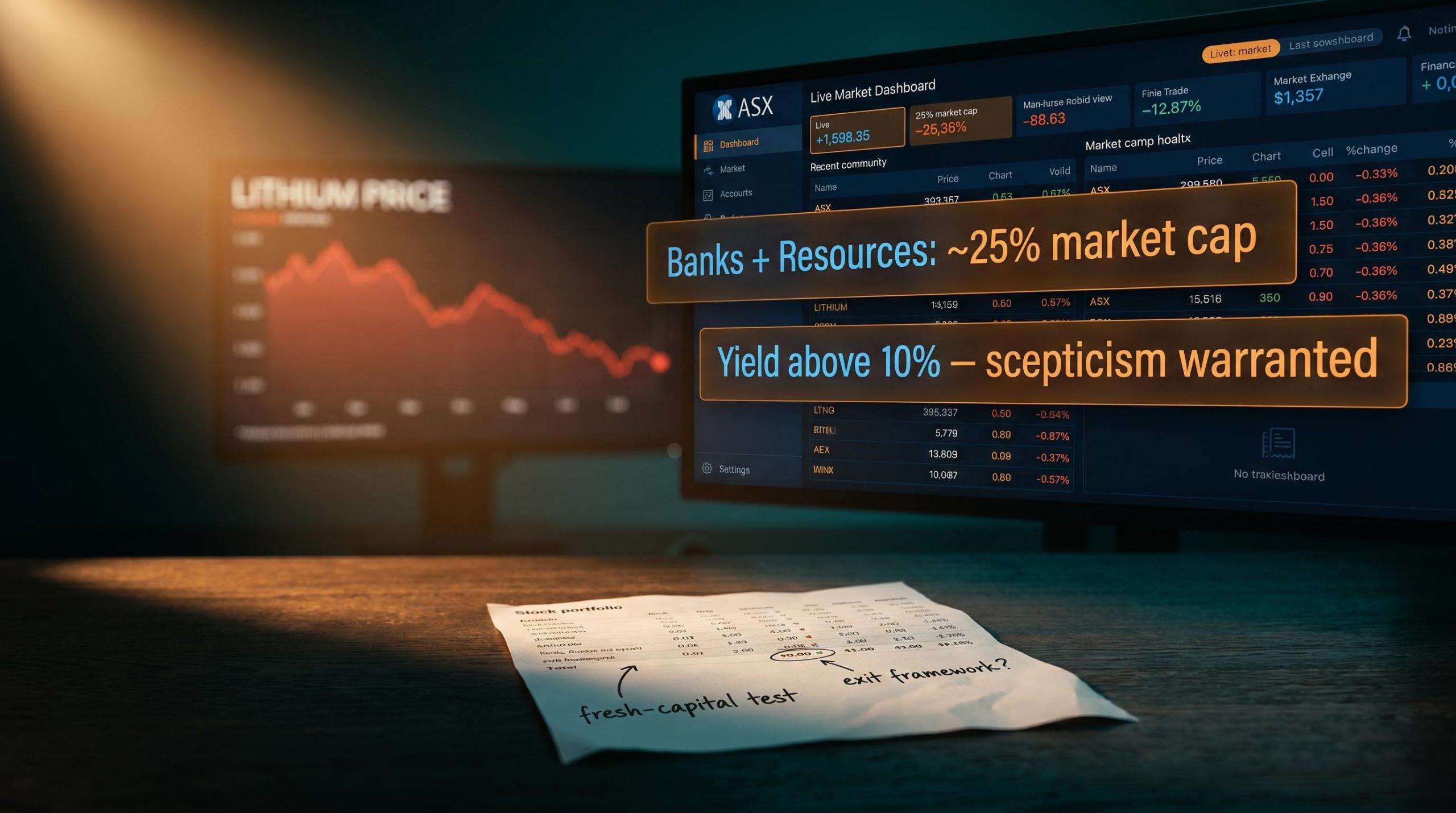 ASX trading screen with sector data overlays and annotated portfolio printout highlighting Australian investing mistakes