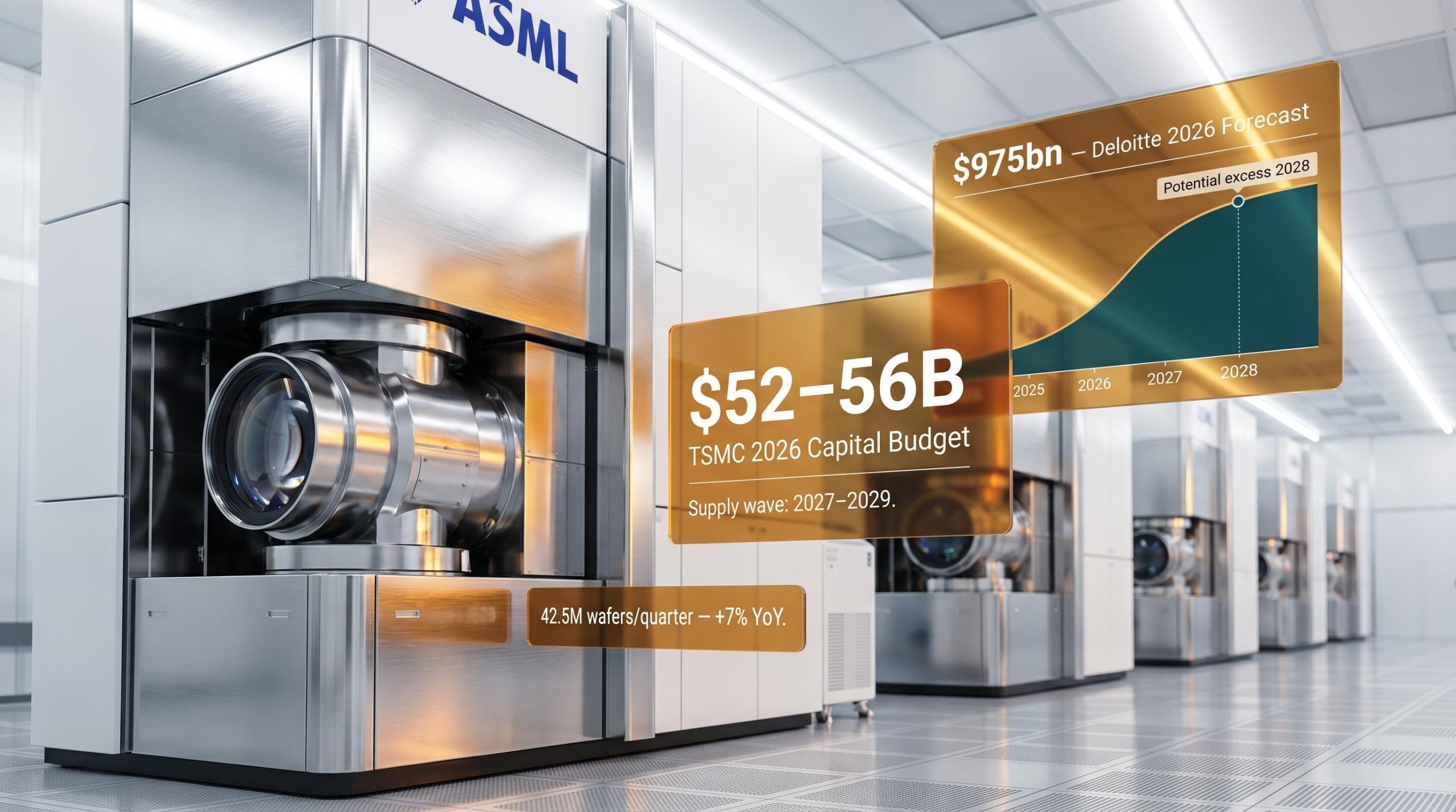TSMC EUV fabrication line with $52–56B capex and 2027–2029 supply wave data overlays in semiconductor cycle analysis