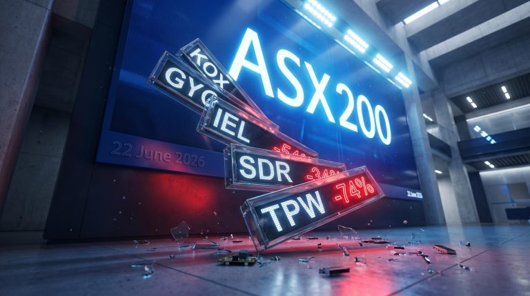 Five ASX 200 ticker tiles falling from index board as June 2026 rebalance drops GYG, IEL, SDR, TPW and WEB