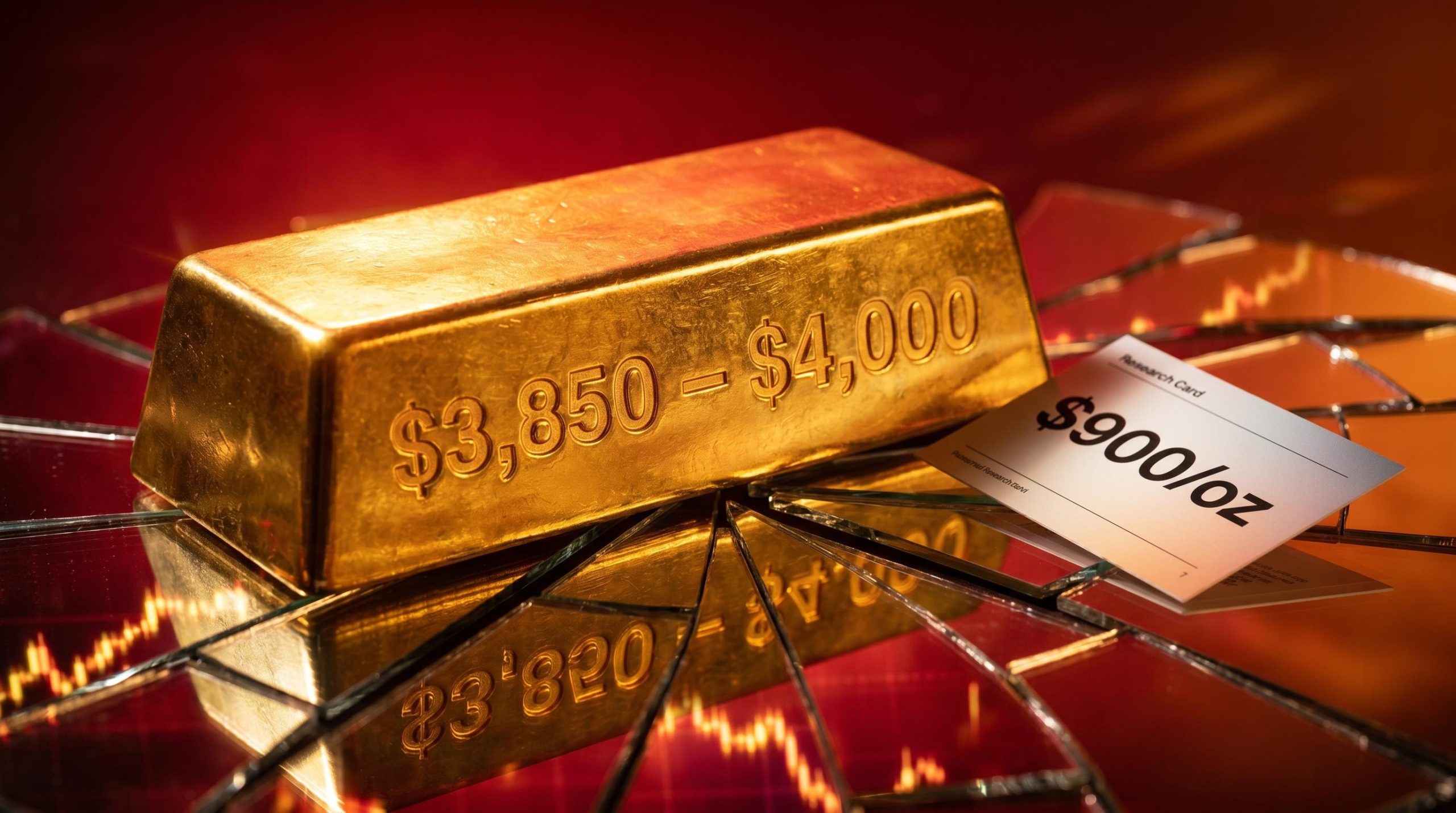 Gold bar engraved with "$3,850–$4,000" drift zone as UBS cuts gold price forecast by up to $900/oz