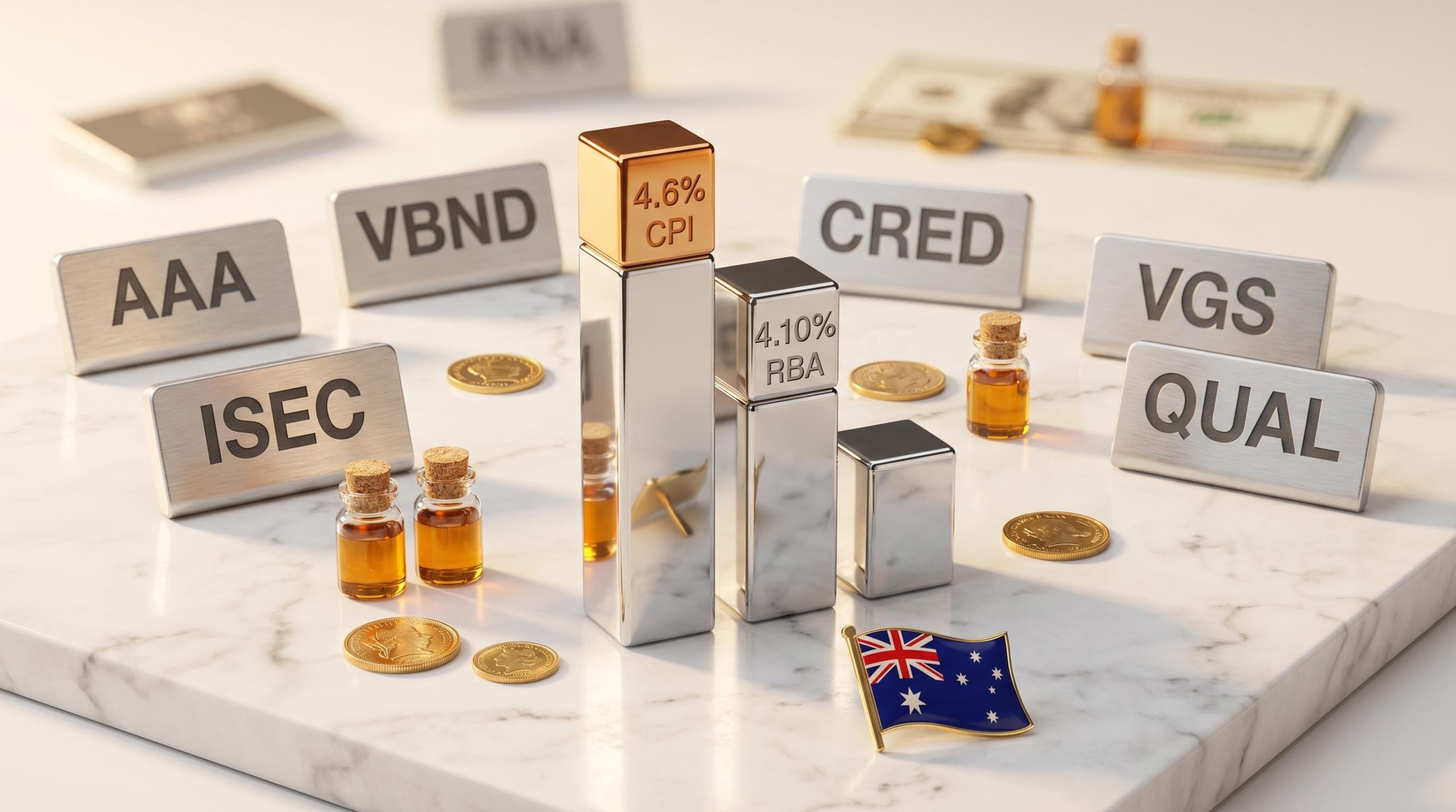 Six ASX ETF ticker plaques — AAA, ISEC, VBND, CRED, VGS, QUAL — with 4.6% CPI and 4.10% RBA rate markers, best ETFs for inflation Australia