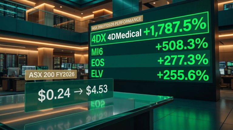 ASX 200 FY2026 leaderboard screen showing 4DMedical 4DX at 1,787.5%, the best performing ASX stock