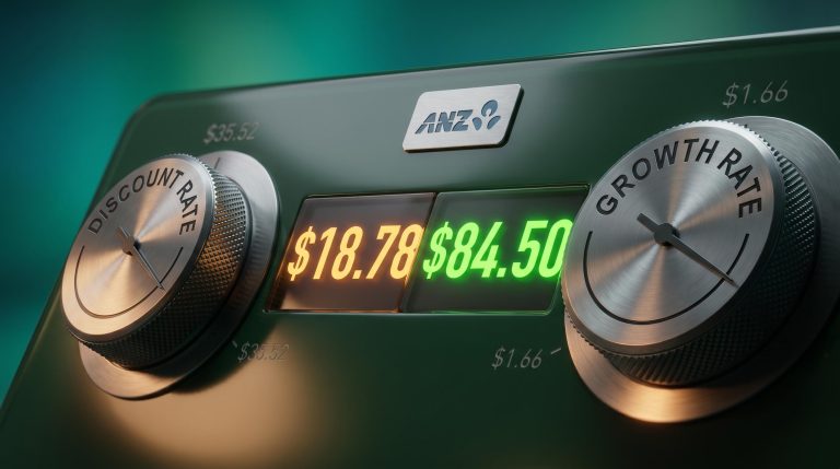 Precision instrument dials showing DDM value range $18.78 to $84.50 for ANZ share price at $35.52