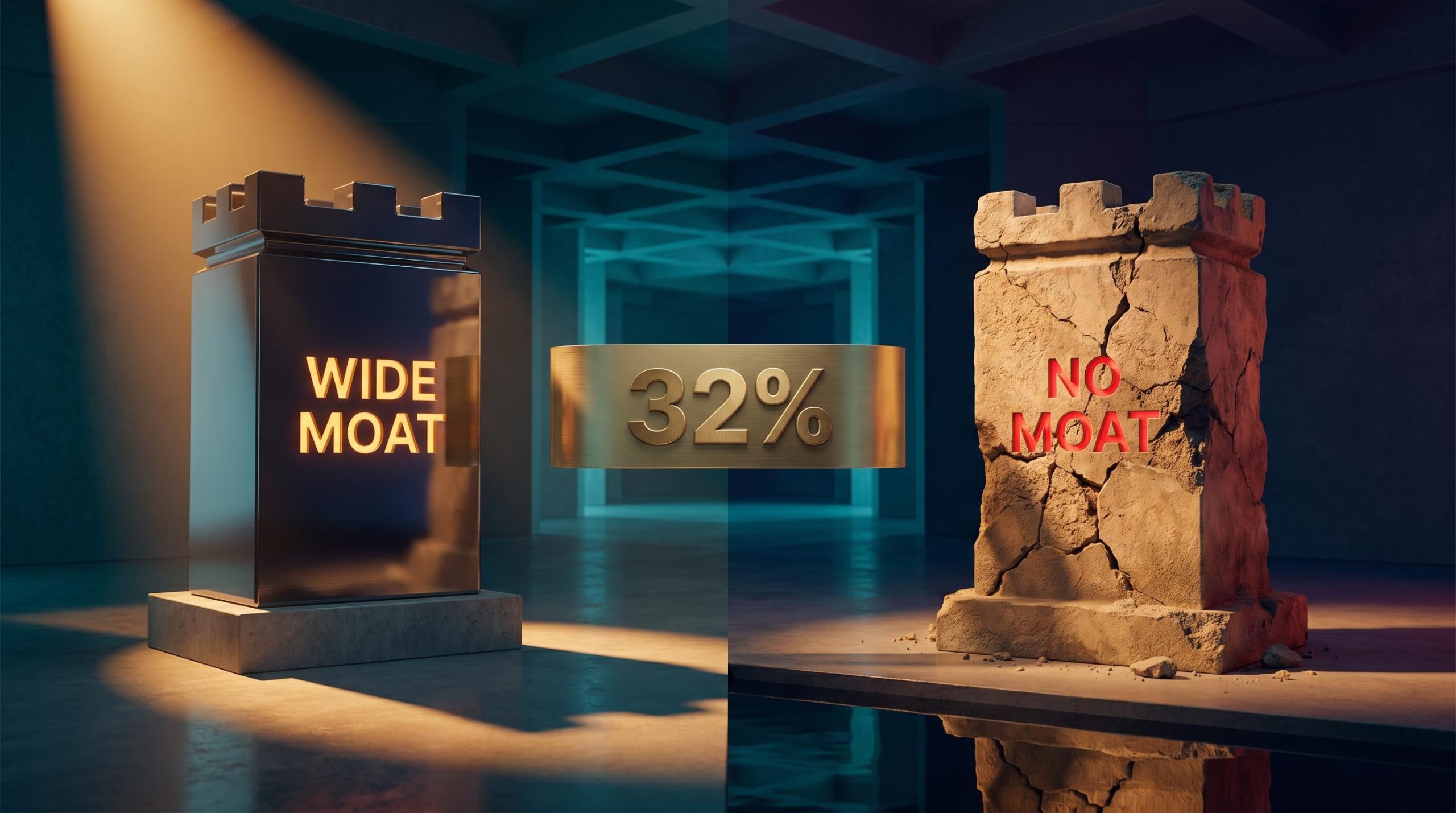 Two contrasting structures symbolising moat vs no-moat AI stocks with "32%" rally figure, illustrating AI investment strategy