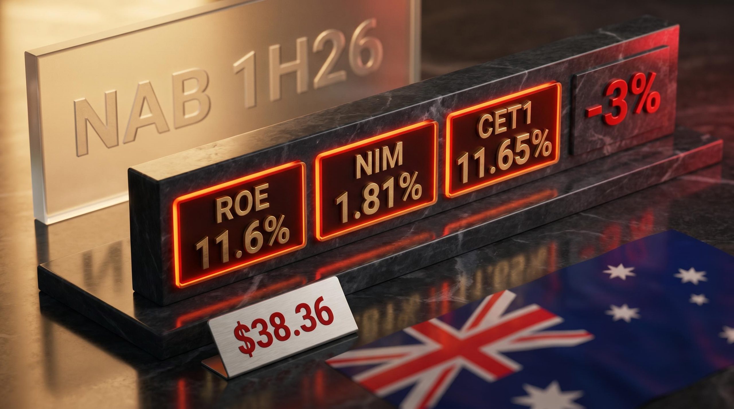 NAB share price drops 3% as 1H26 metrics show ROE 11.6%, NIM 1.81%, CET1 11.65% on results day