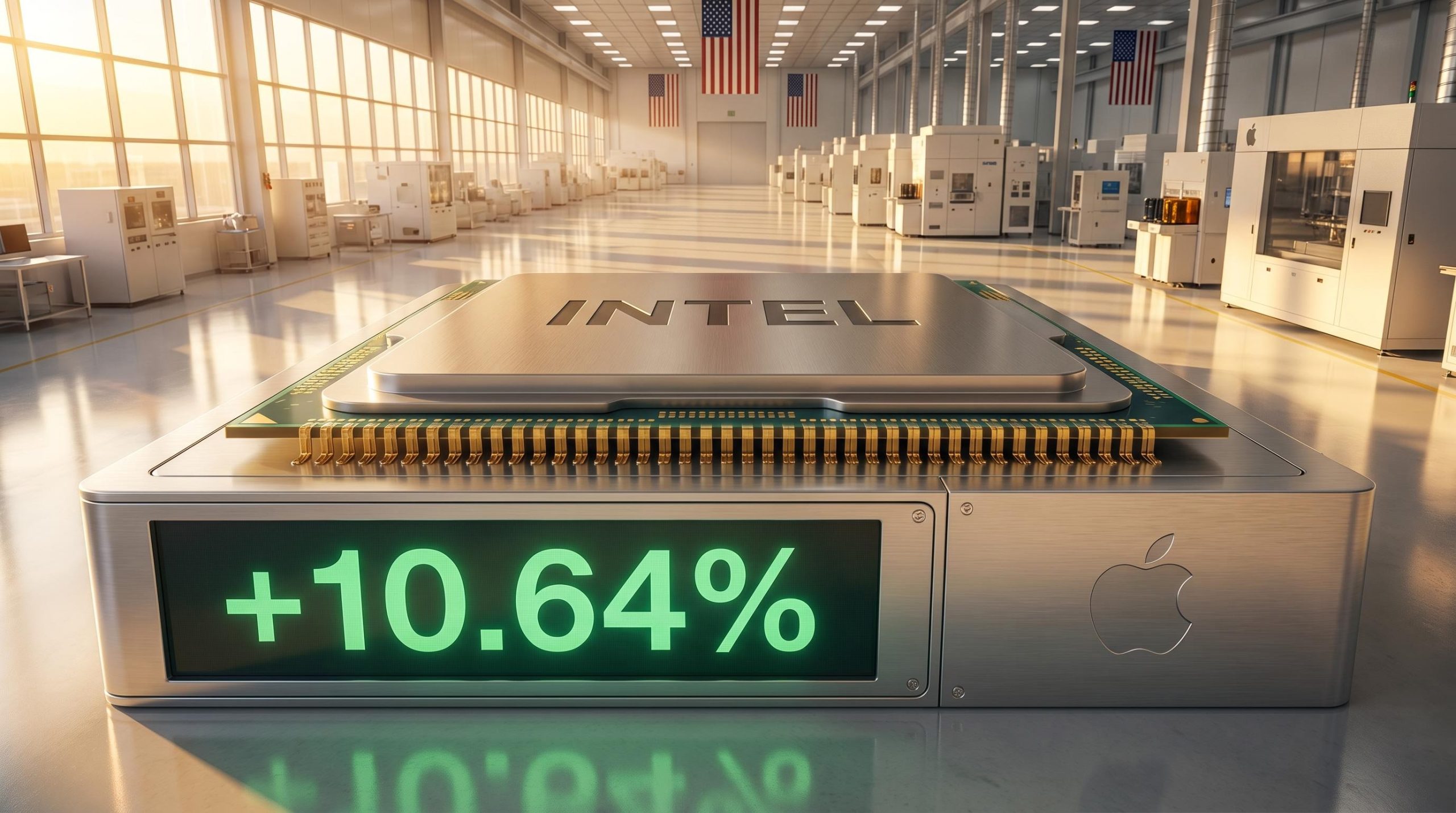 Intel chip rising in a U.S. fab facility with 10.64% gain display as stock hits all-time high on Apple deal