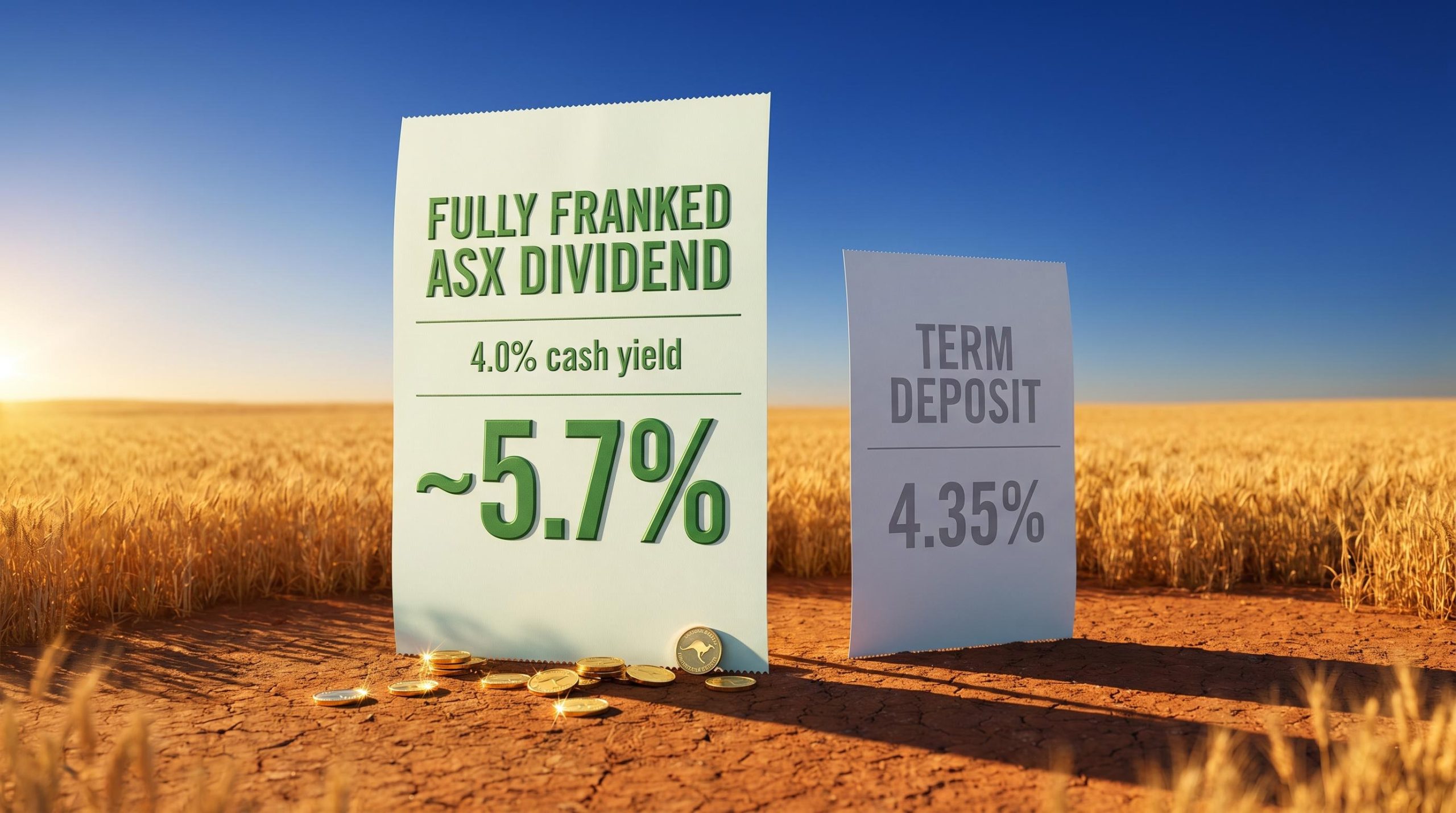 Two oversized receipts in a golden Australian field compare a 5.7% franked ASX yield to a 4.35% term deposit