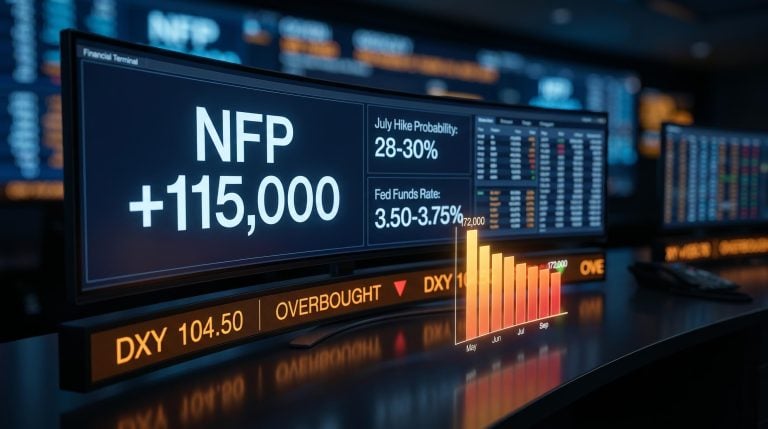 US NFP June jobs report terminal showing 115,000 headline and 28-30% July Fed hike probability at 8:30 AM ET