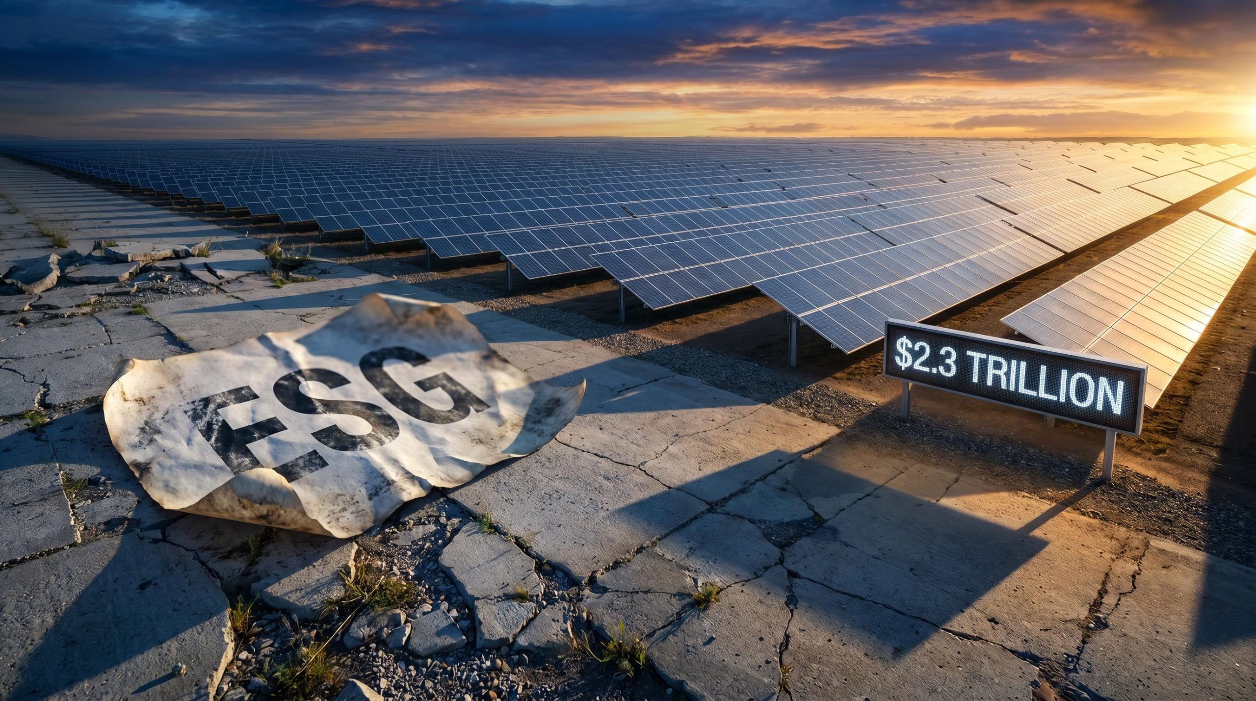 Crumpled ESG label beside a vast solar farm with a $2.3 trillion investment sign — ESG investing label vs energy transition