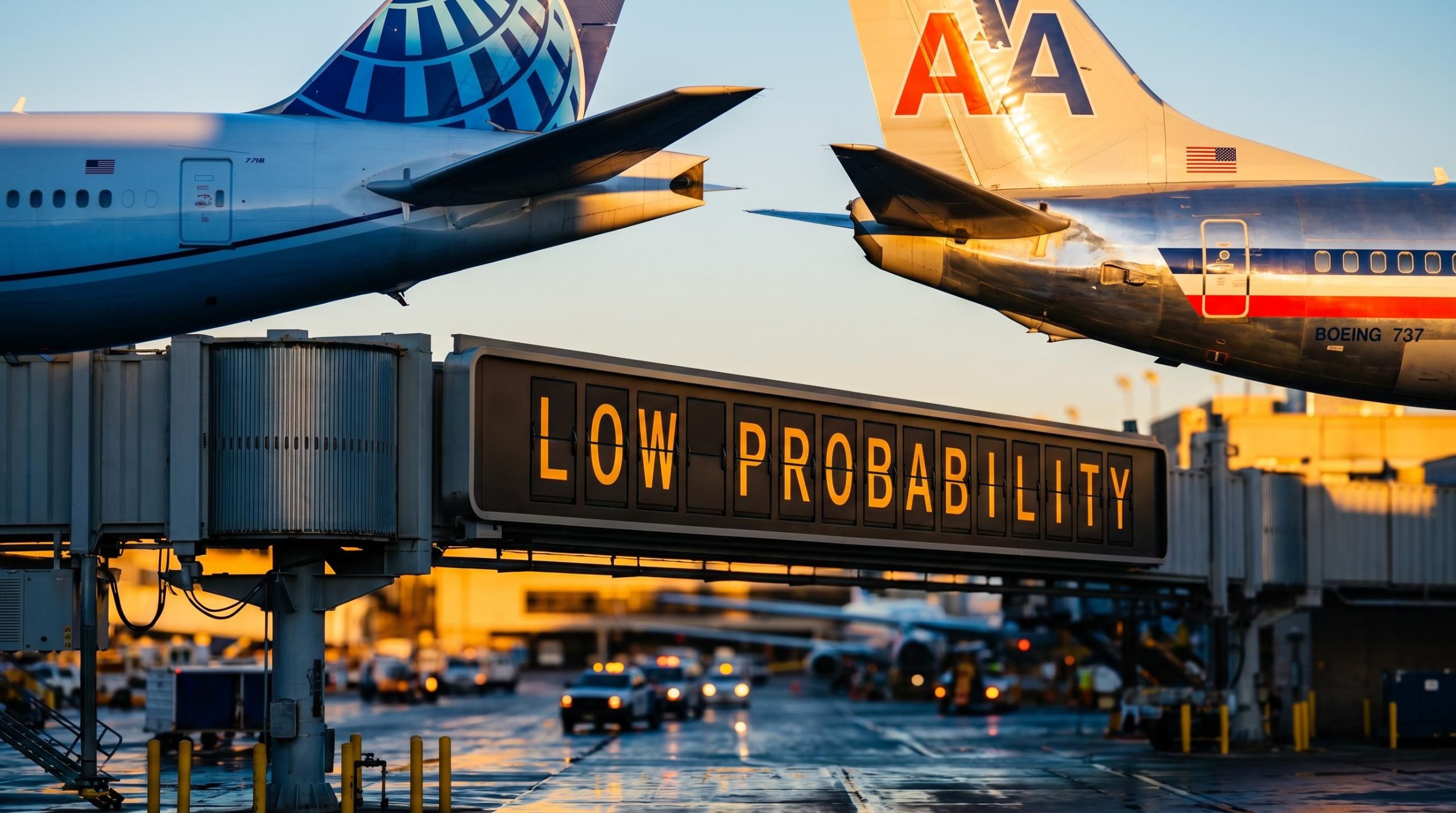 United and American Airlines aircraft tails in standoff at airport gate, merger proposal marked low probability