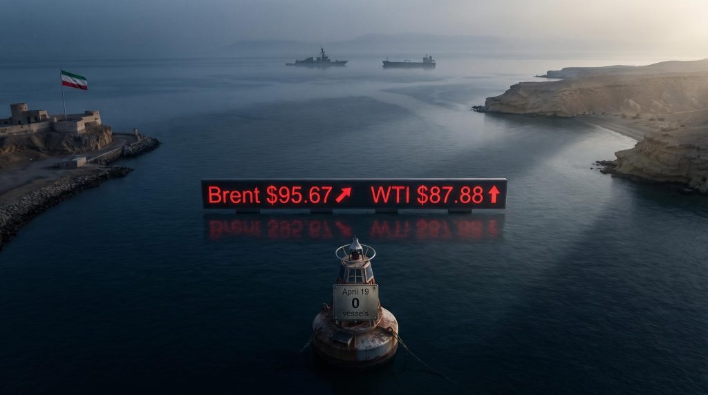 Empty Strait of Hormuz with zero vessels and oil prices Brent $95.67 WTI $87.88 displayed as US Iran tensions escalate