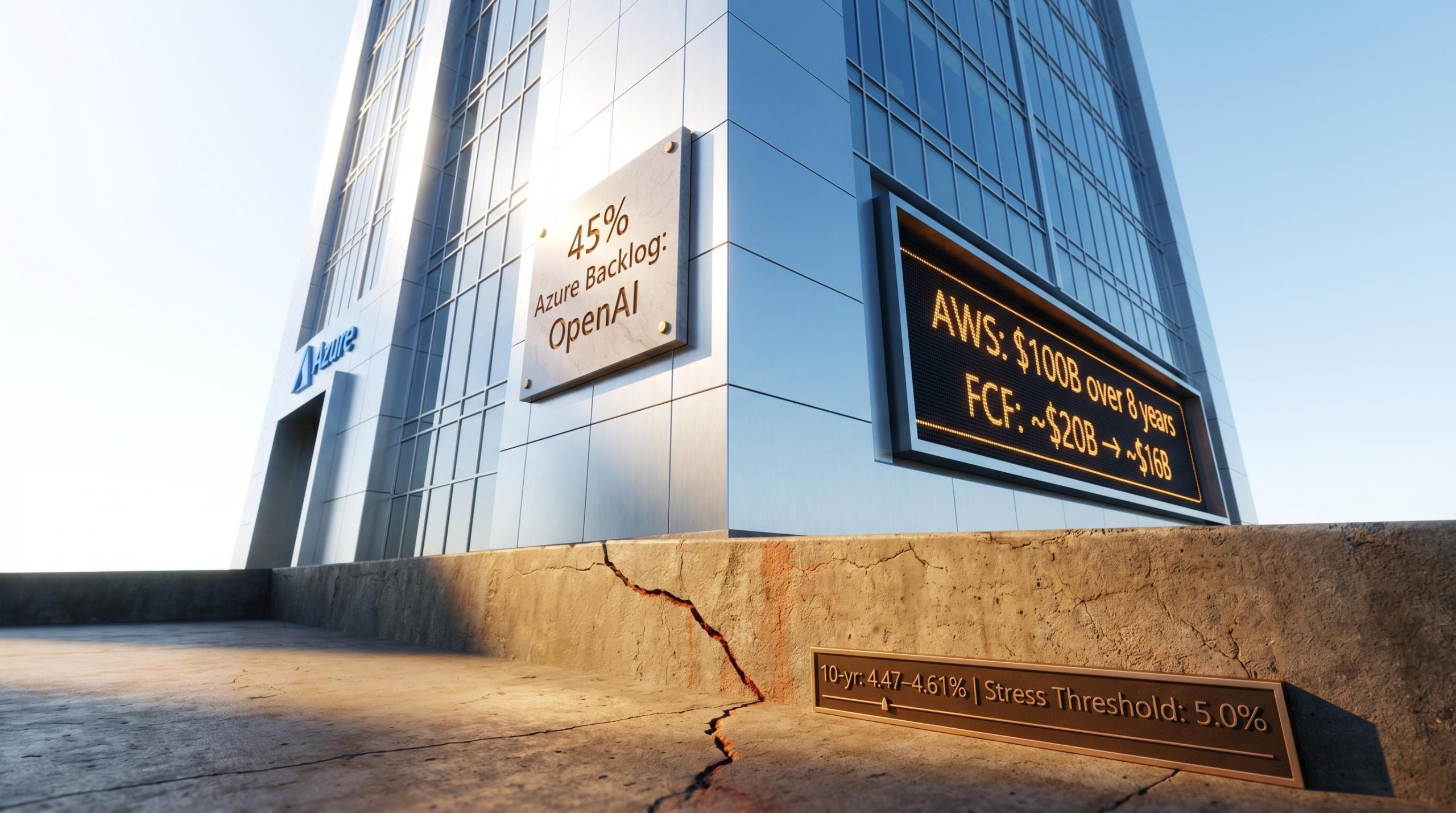 Azure tower with cracked foundation showing OpenAI 45% backlog concentration and AWS $100B deal — Microsoft stock risks