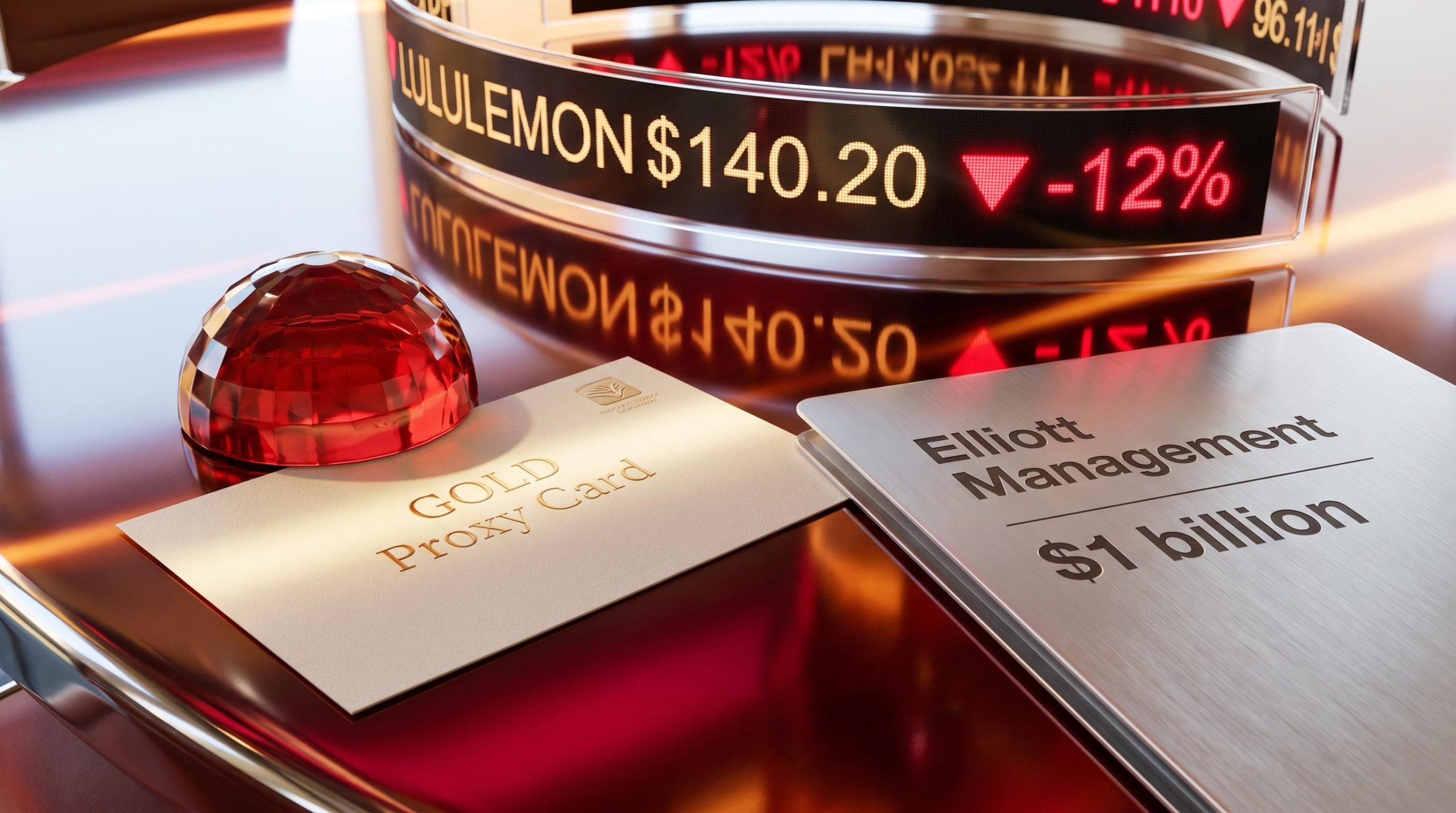Lululemon activist investor proxy card and red financial ticker showing a 12% stock drop to $140.20 on a boardroom table.