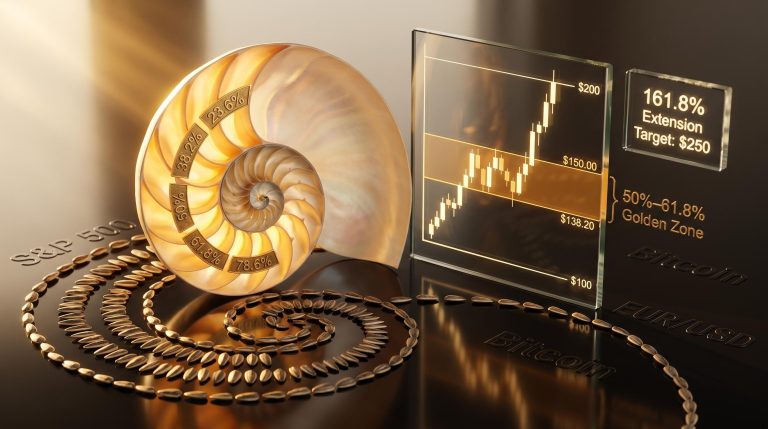 Nautilus shell cross-section with Fibonacci trading levels 38.2%, 61.8% and 161.8% extension etched on glass panels