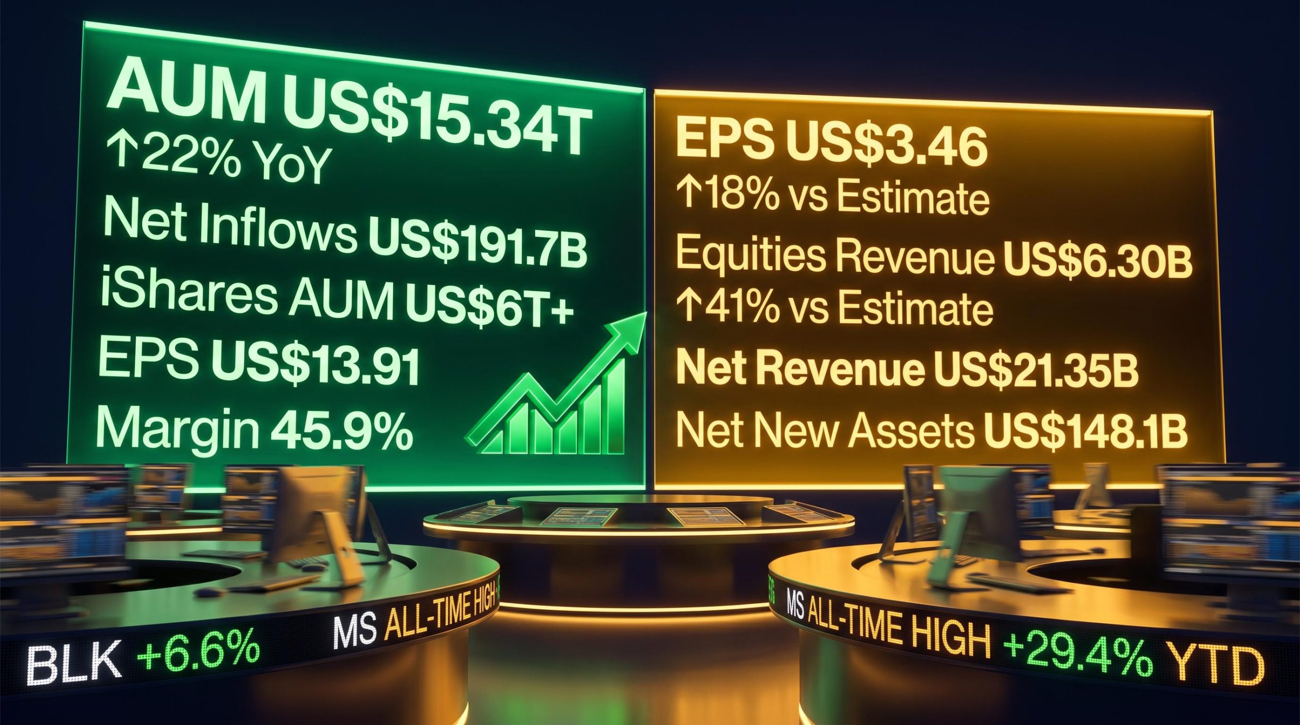 BlackRock US$15.34T AUM and Morgan Stanley US$6.30B equities beat displayed on glowing Q2 2026 earnings trading screens