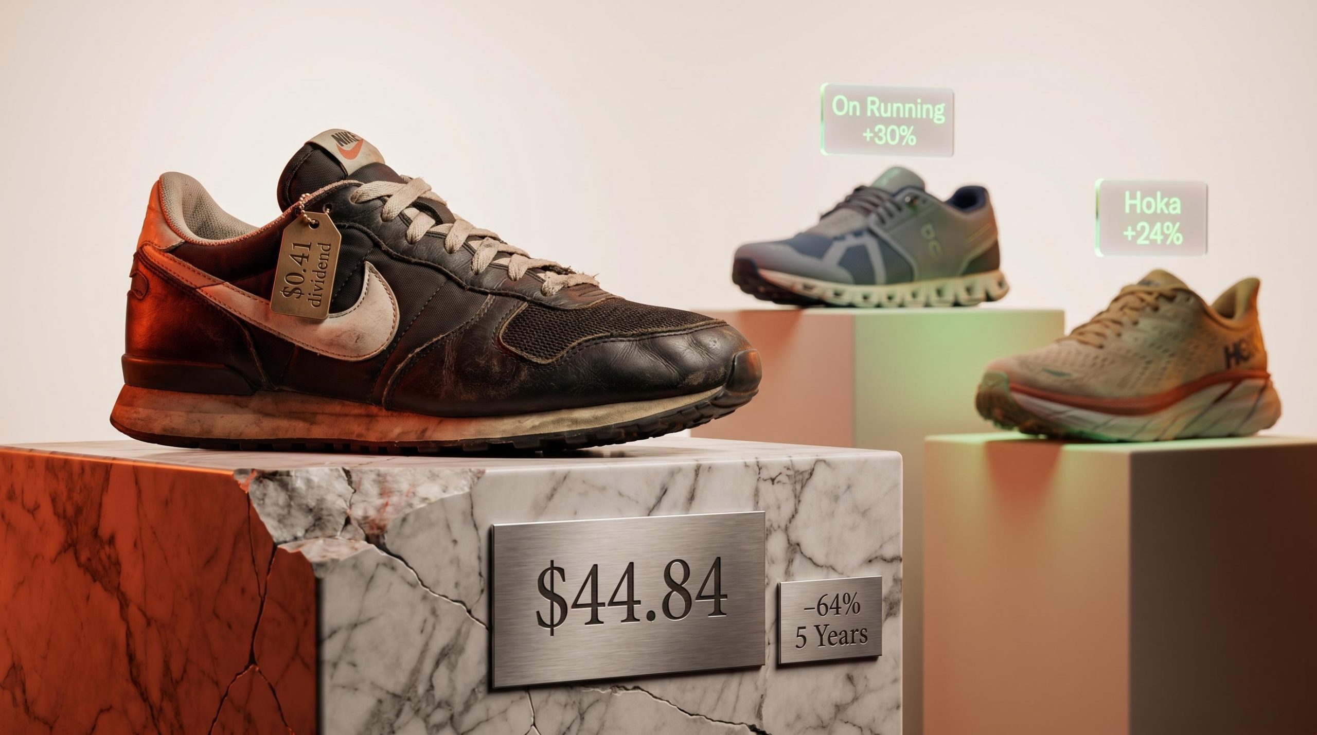 Nike sneaker at 11-year lows with $44.84 stock price plaque as On Running and Hoka rivals surge