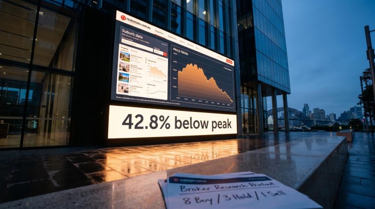REA Group share price 42.8% below peak shown on illuminated billboard against Sydney skyline at dusk