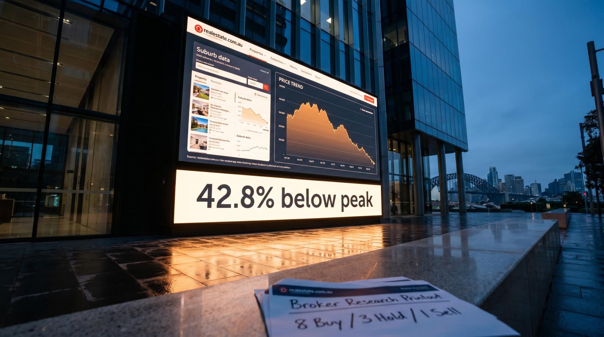 REA Group share price 42.8% below peak shown on illuminated billboard against Sydney skyline at dusk