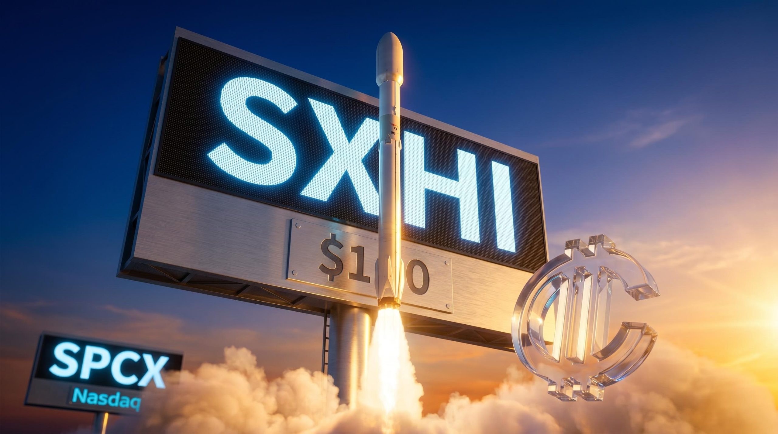 SpaceX rocket bursting through a TSX ticker board showing SXHI at $10 launch price on 16 June 2026