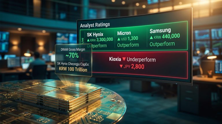 Bernstein analyst ratings screen showing Outperform targets for SK Hynix, Micron, Samsung vs Kioxia Underperform