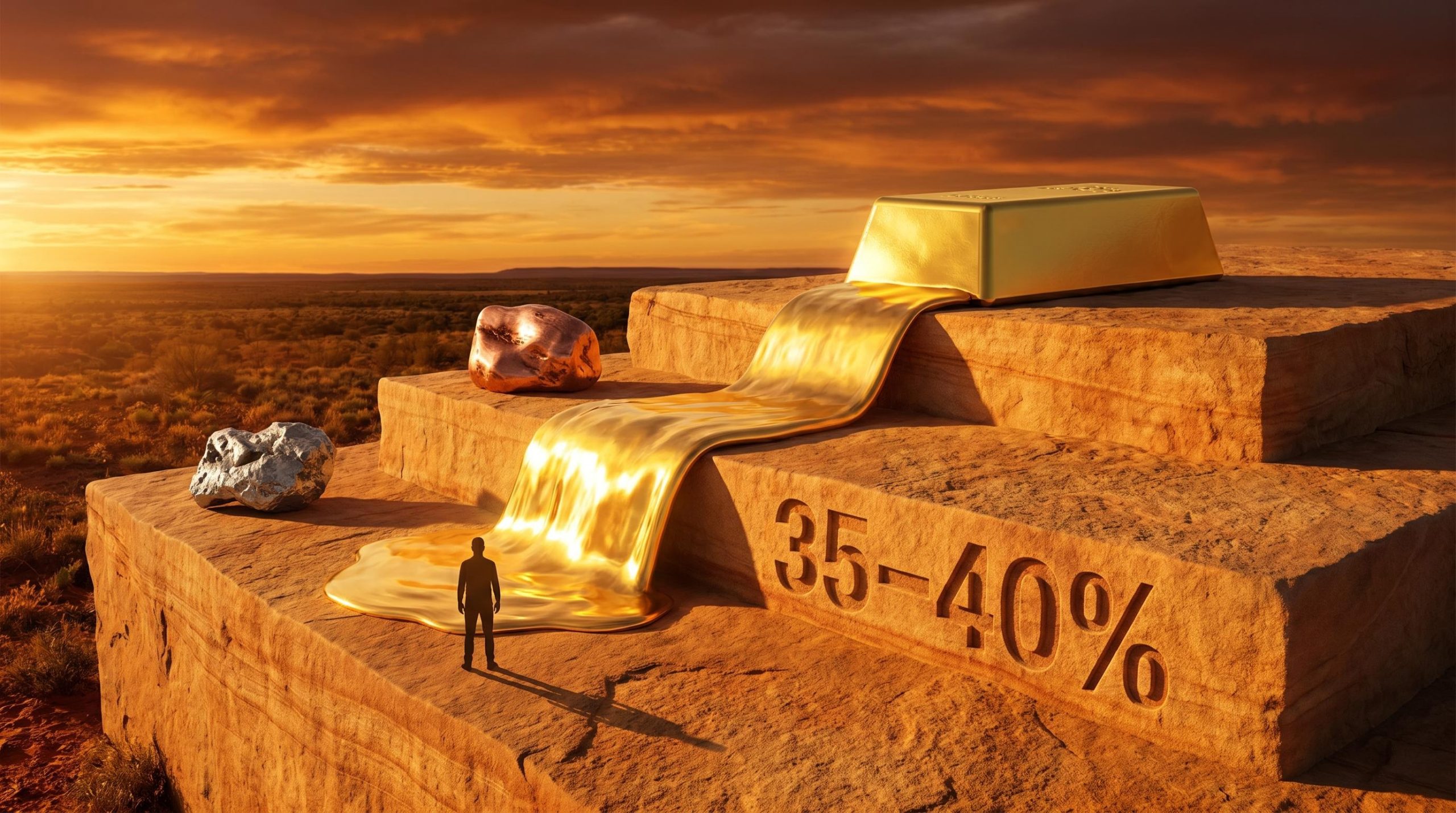 Gold wave cascading down tiered stone terraces in Australian outback, with "35–40%" premium etched into sandstone