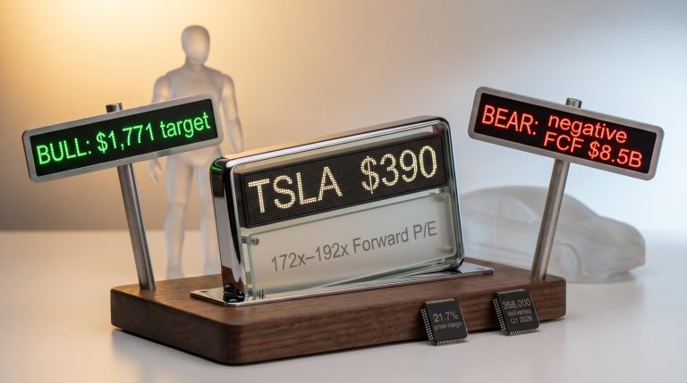 Tesla TSLA $390 stock valuation analysis showing 172x forward P/E with bull and bear scenario data
