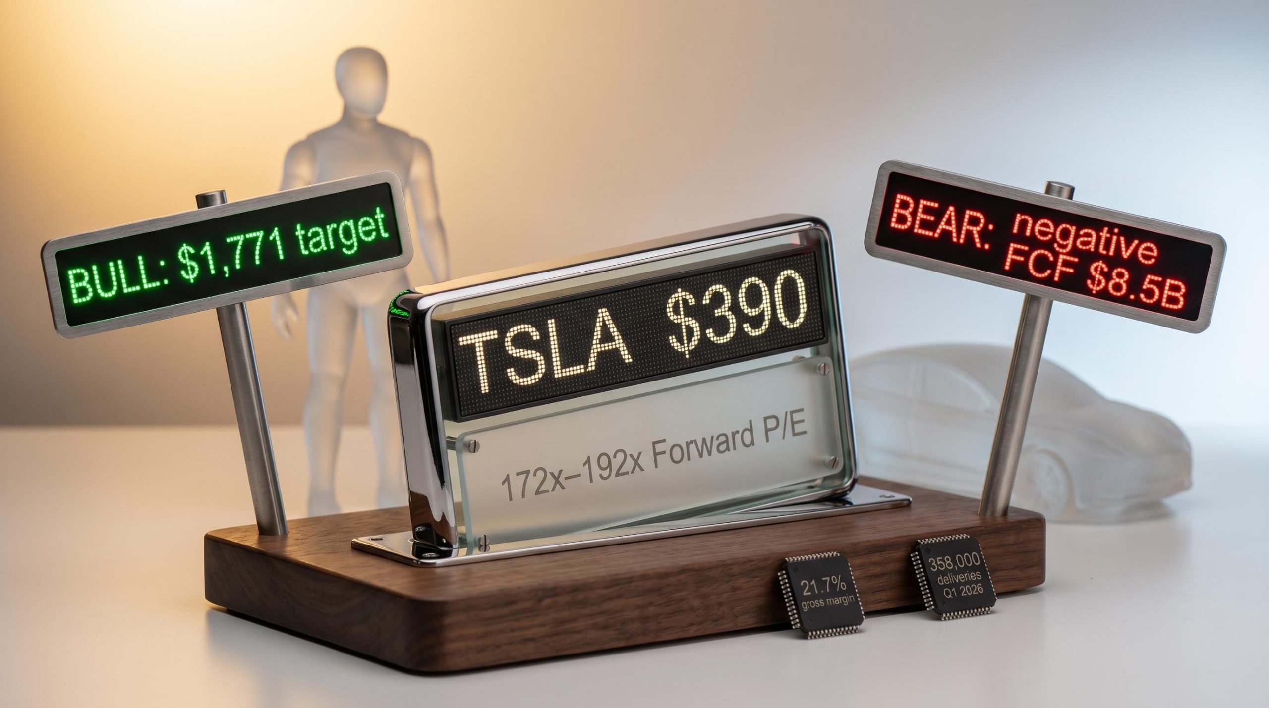 Tesla TSLA $390 stock valuation analysis showing 172x forward P/E with bull and bear scenario data