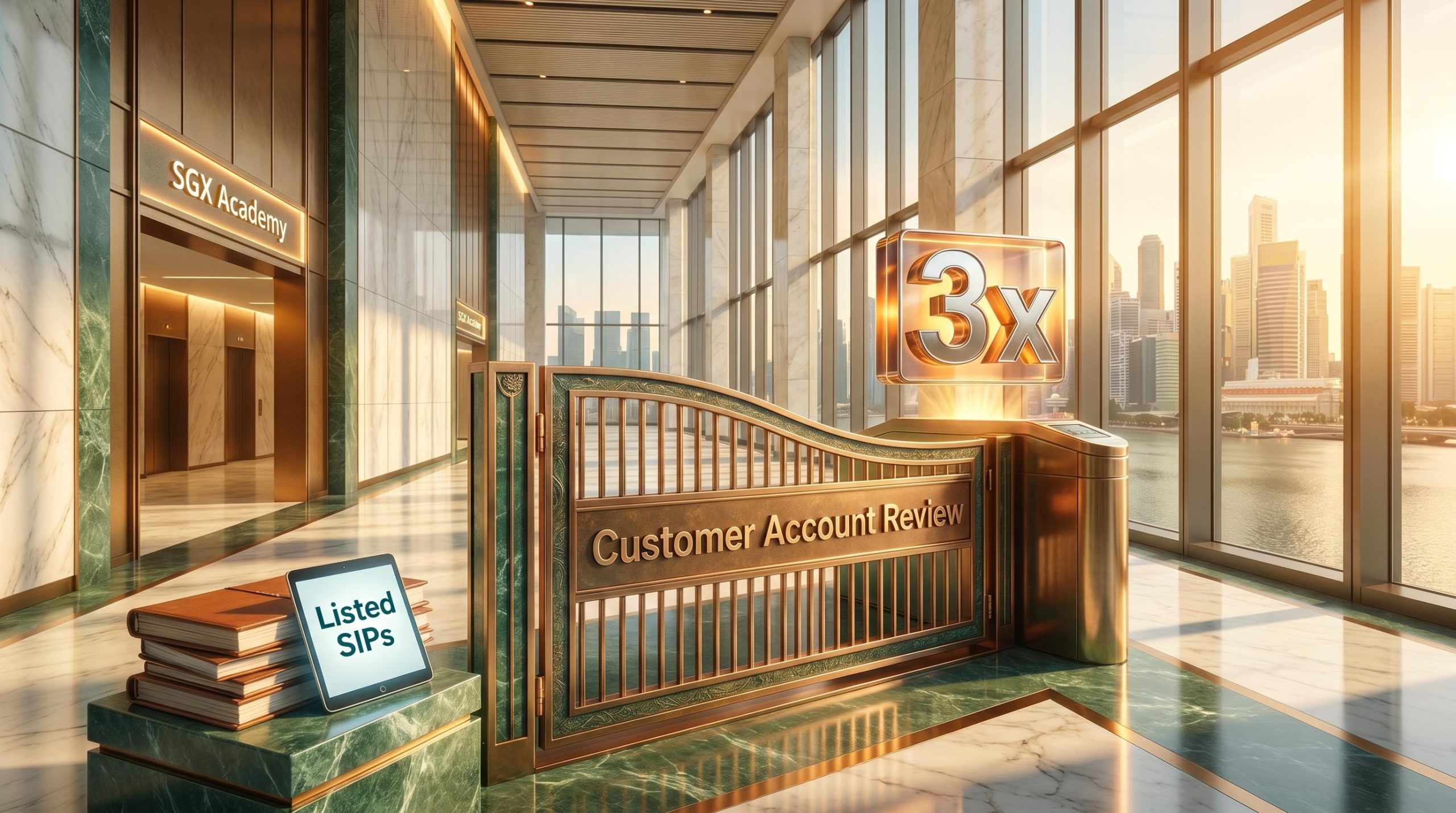 Bronze regulatory gate with SGX Academy pathway sign — MAS Customer Account Review for leveraged ETFs Singapore