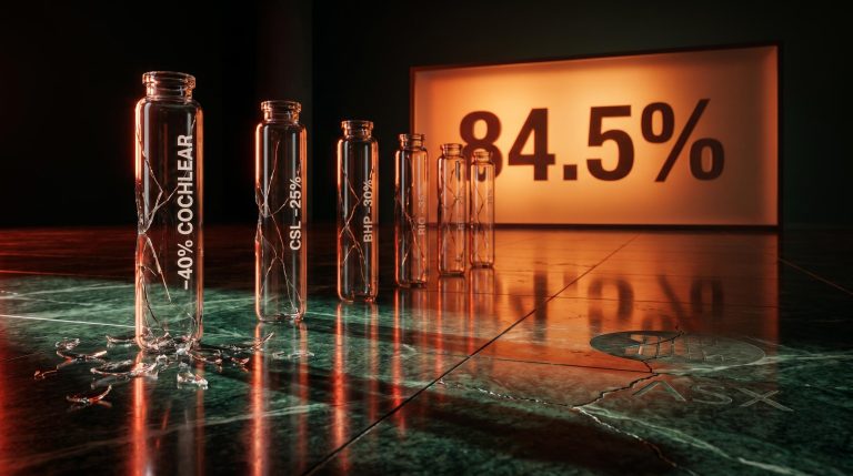 Seven fractured glass vials on cracked marble with "−40%" and "84.5%" — ASX market analysis of April-May 2026 earnings falls