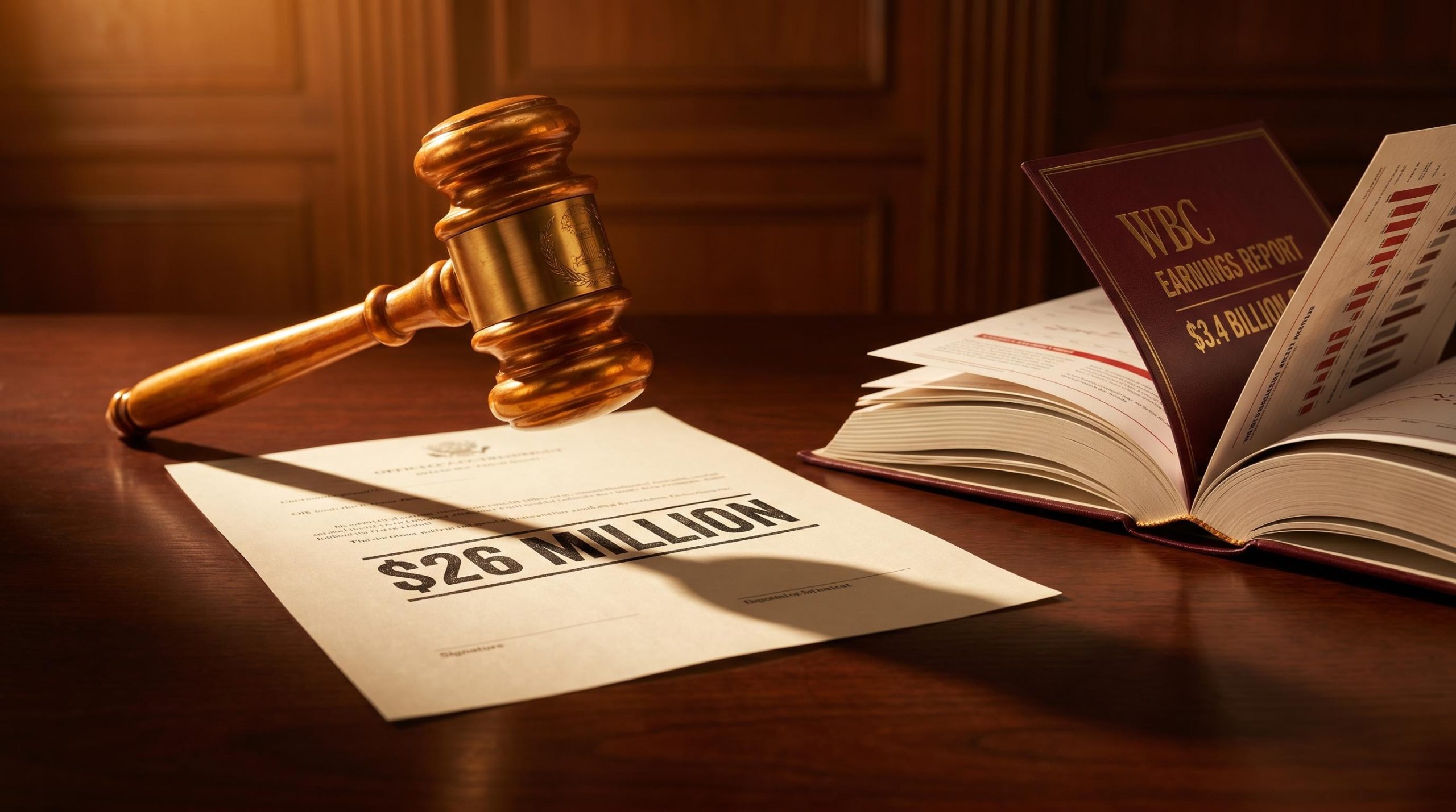 Federal Court gavel over $26M penalty document beside Westpac $3.4B earnings report — WBC share price analysis
