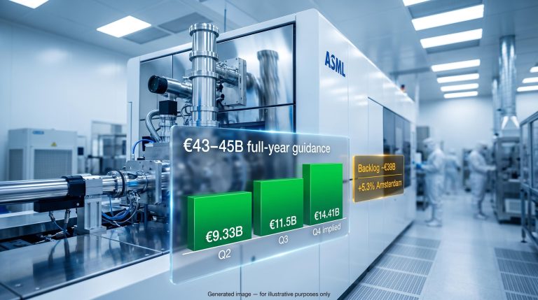 ASML EUV lithography machine with €43–45B 2026 guidance and €39B backlog displayed on data panels