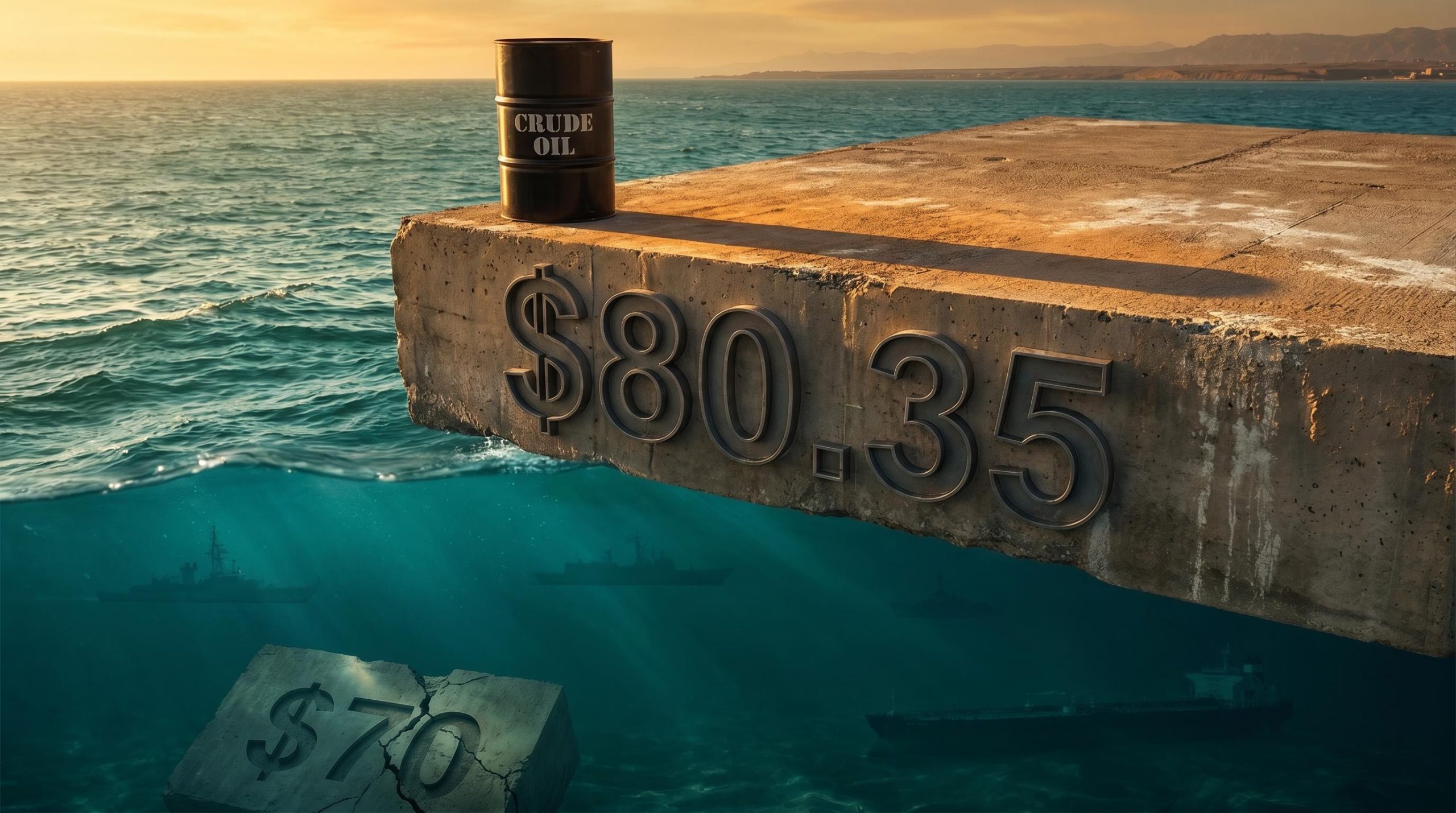 Crude oil barrel balanced on a concrete price floor above the Strait of Hormuz, with $80.35 etched in steel