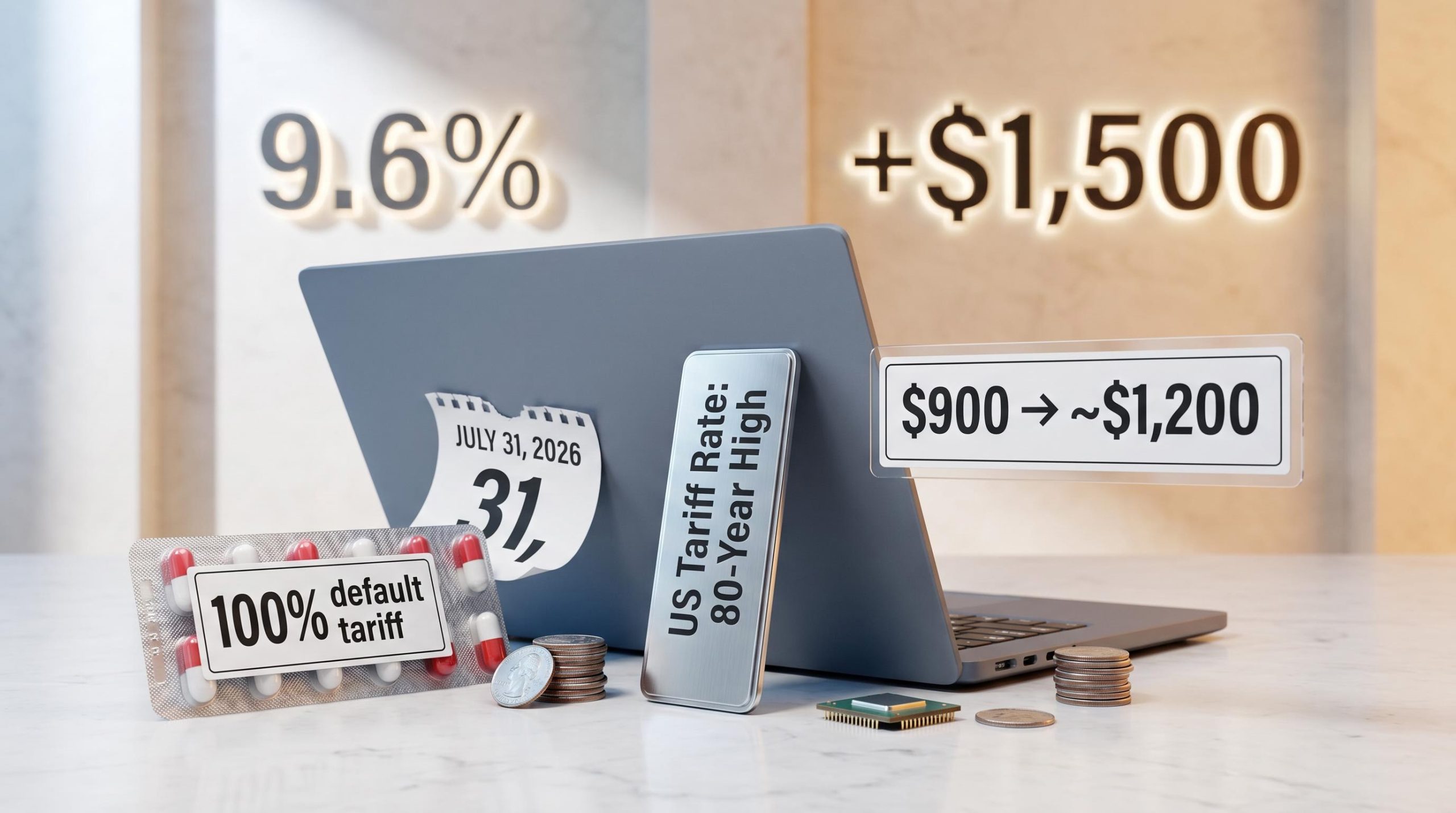 Laptop and pill pack price-tagged under US tariff policy convergence, July 2026 deadline calendar visible