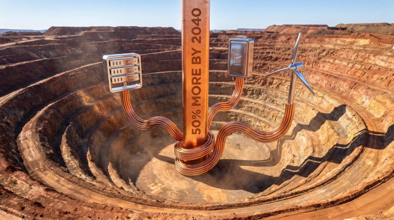 Copper mine pit with busbar and AI, EV, grid icons illustrating battery metals structural demand thesis