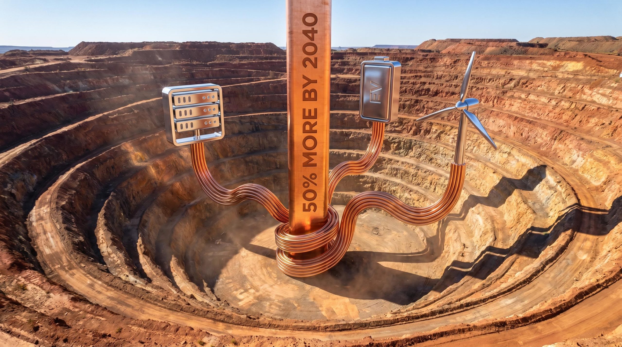 Copper mine pit with busbar and AI, EV, grid icons illustrating battery metals structural demand thesis
