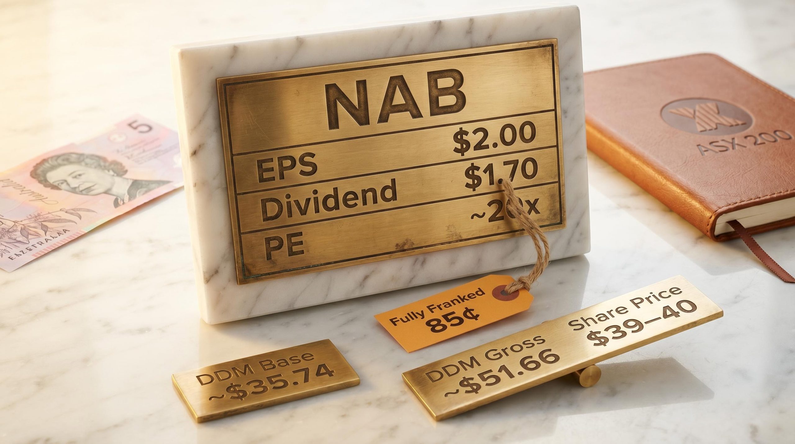 NAB bank share valuation plaque showing PE 20x, DDM base $35.74 and gross $51.66 against $39–40 share price