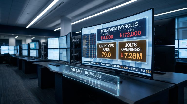 Trading screens displaying NFP forecast 114,000 and ISM prices 79.0 during compressed July 2026 key economic releases window