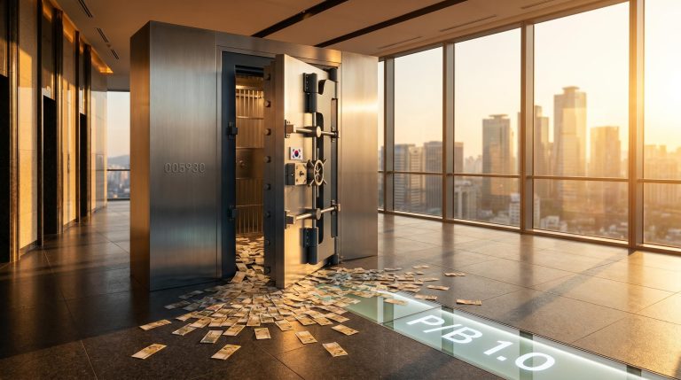 Vault door engraved with Samsung ticker 005930 opening onto Korean won notes and Seoul skyline at golden hour