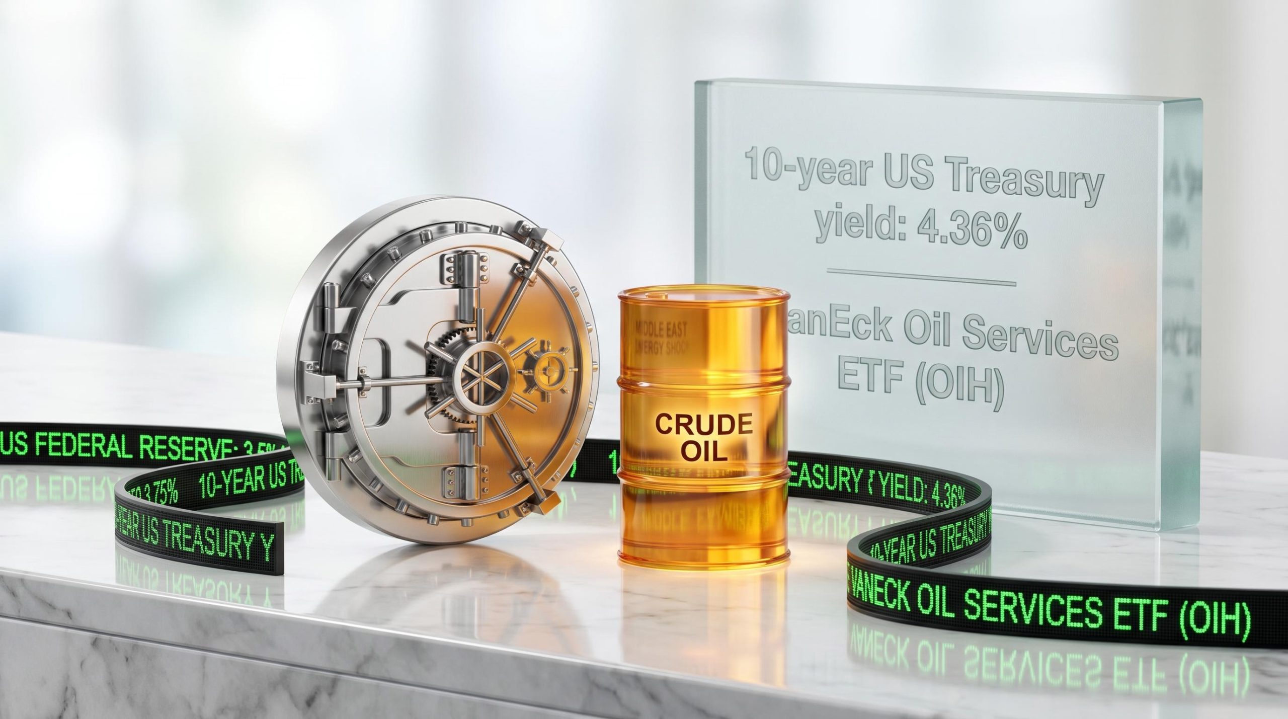 Financial still life showing 4.36% Treasury yield data, illustrating investing during rate hikes and oil shocks.