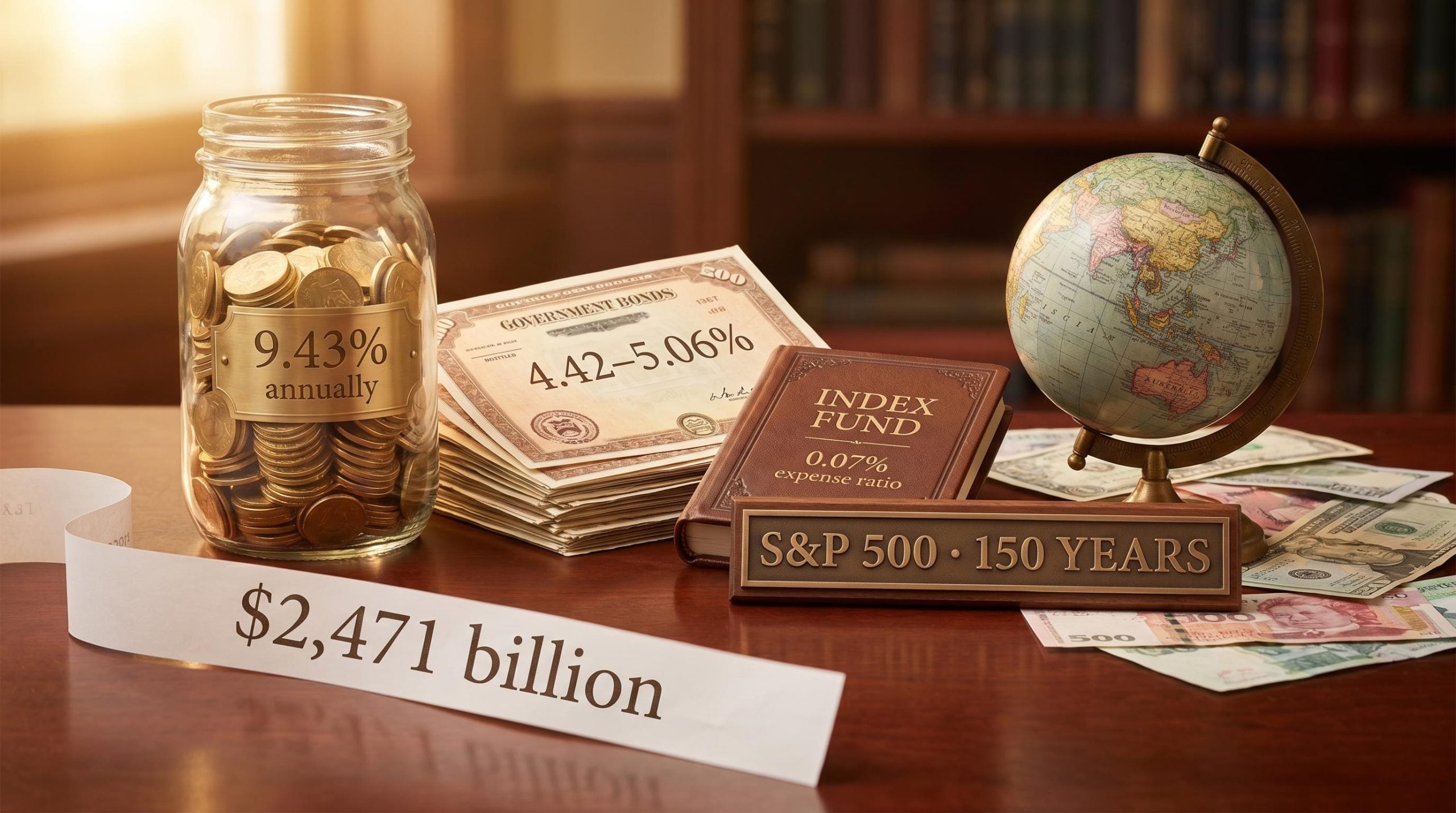 Layered portfolio objects with "9.43% annually" and "$2,471 billion" as physical props illustrating long term investment strategies