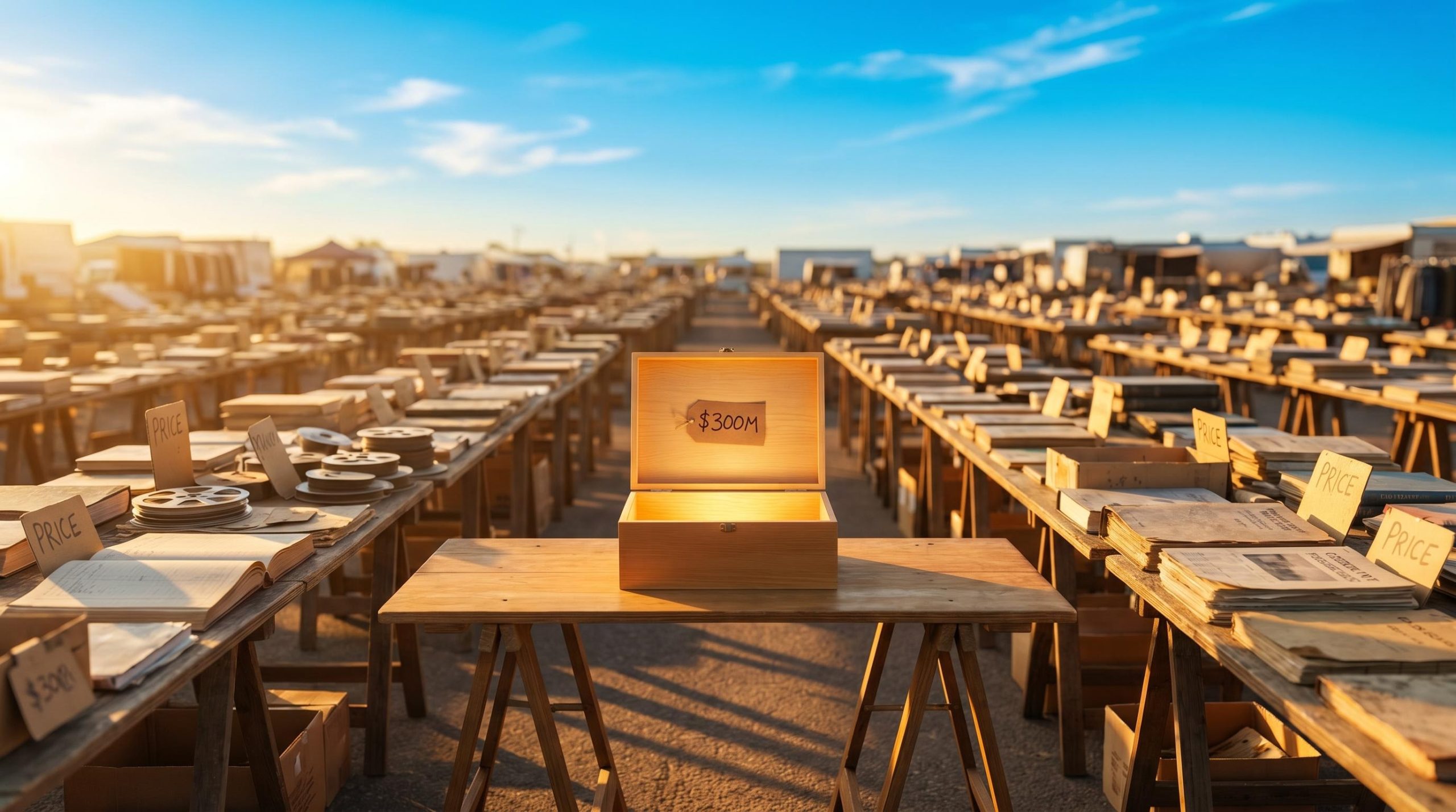 Glowing open box on a sunlit flea market table illustrating how to find undervalued stocks before the crowd arrives