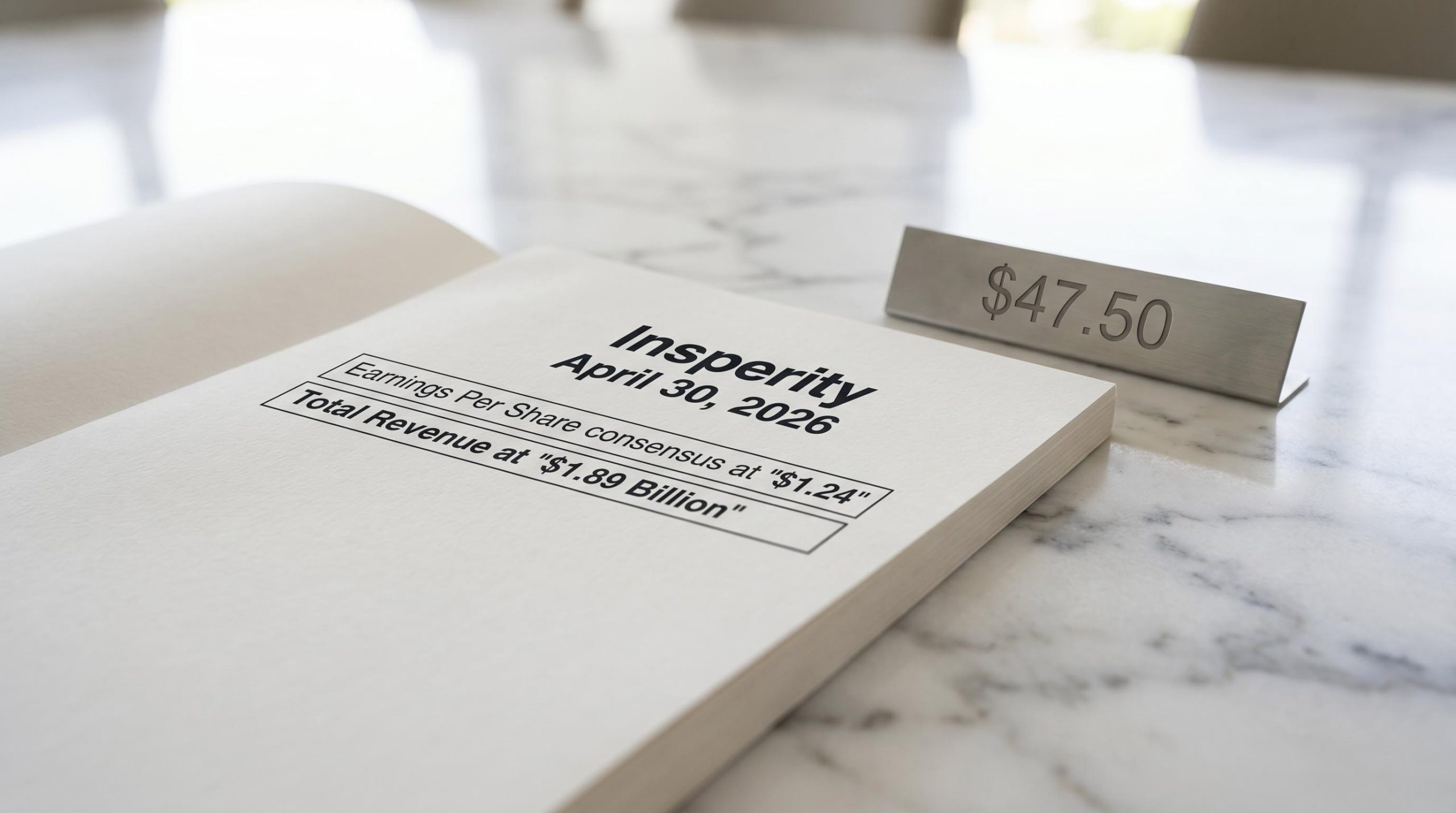 Financial document displaying Insperity earnings consensus of $1.24 and $1.89 Billion revenue for the April 30, 2026 report.