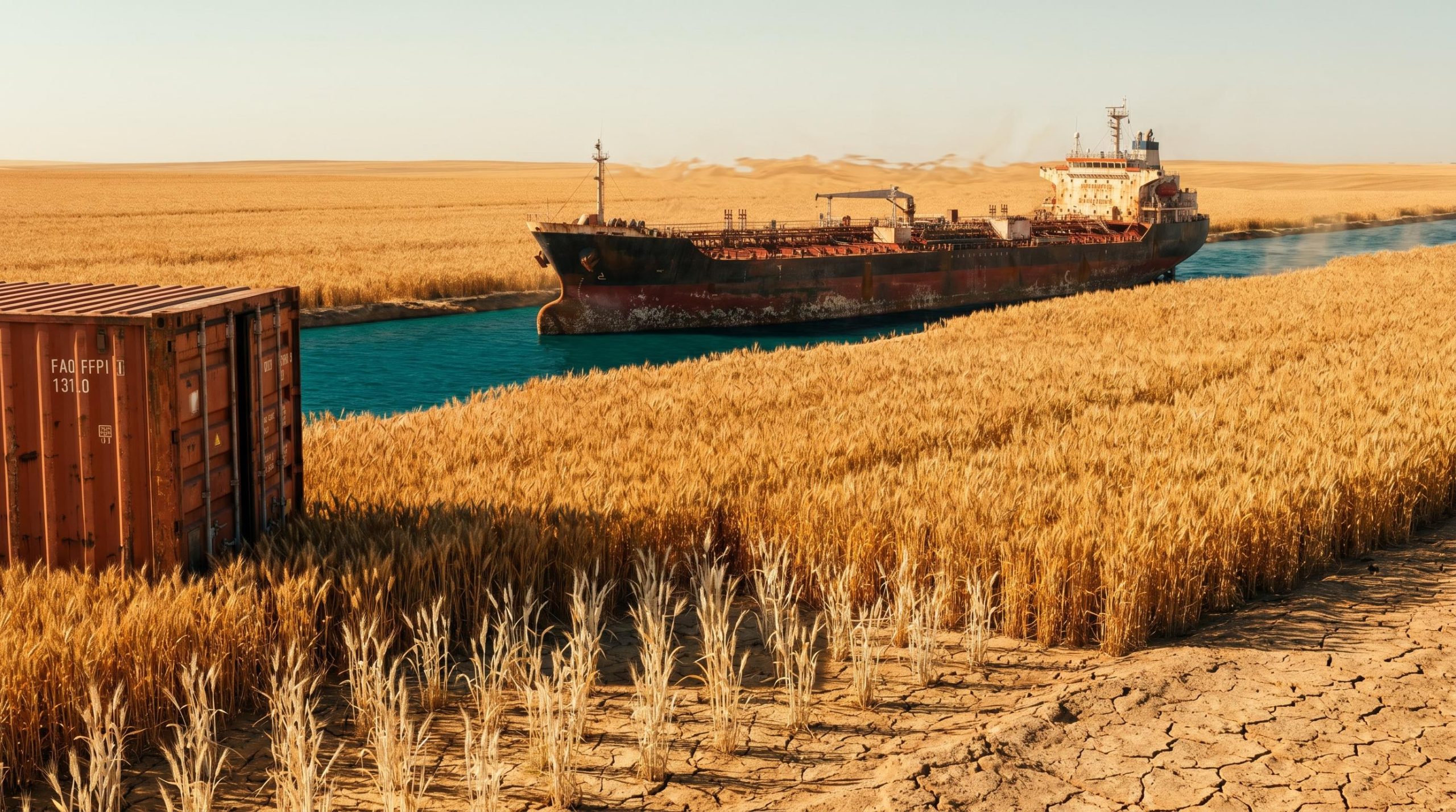 Idle fouled tanker frozen in the Strait of Hormuz beside struggling wheat fields as energy crisis hits fertiliser supply