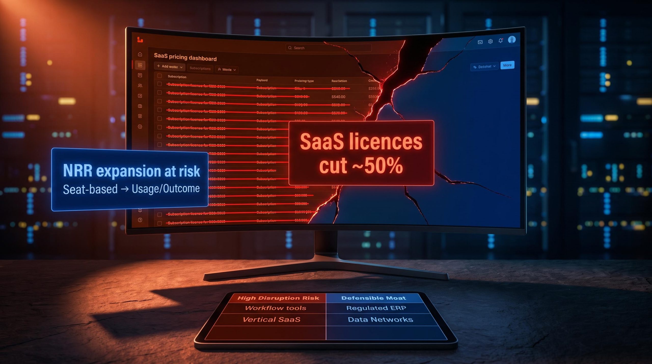 SaaS business model disruption shown through split-risk monitor display with AI licence-cut data overlays