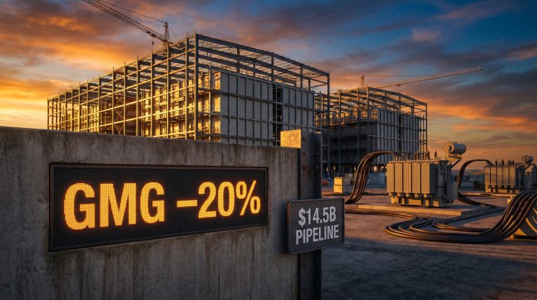 Goodman Group data centre construction site with GMG share price decline and $14.5B pipeline displayed on site signage