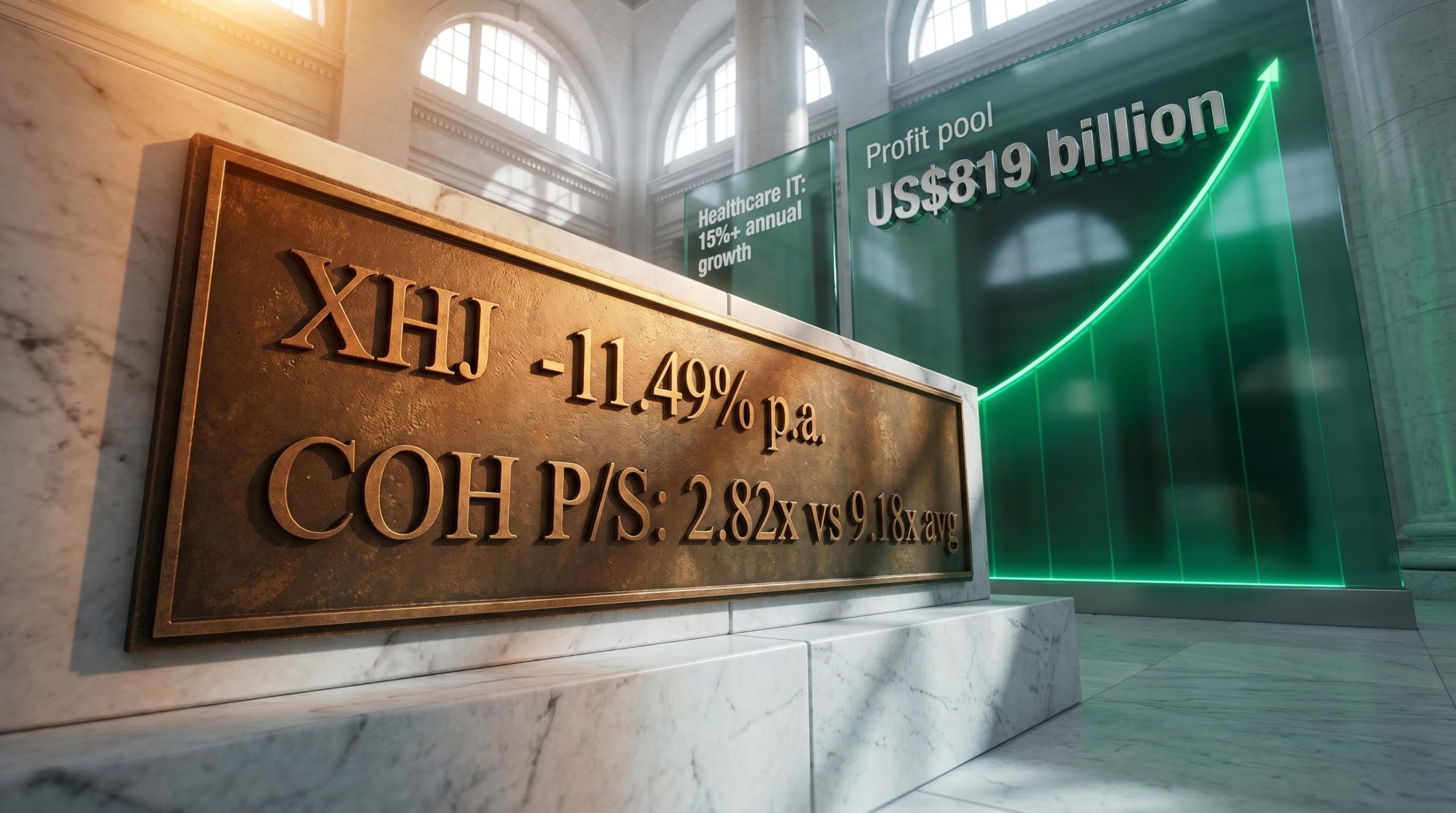 Bronze plaque showing ASX healthcare shares return of -11.49% beside a US$819B profit pool chart on marble
