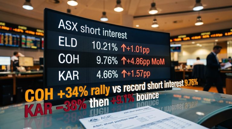 ASX short selling data screen showing COH 9.76%, ELD 10.21%, KAR 4.66% with 34% rally and -38% divergence callouts