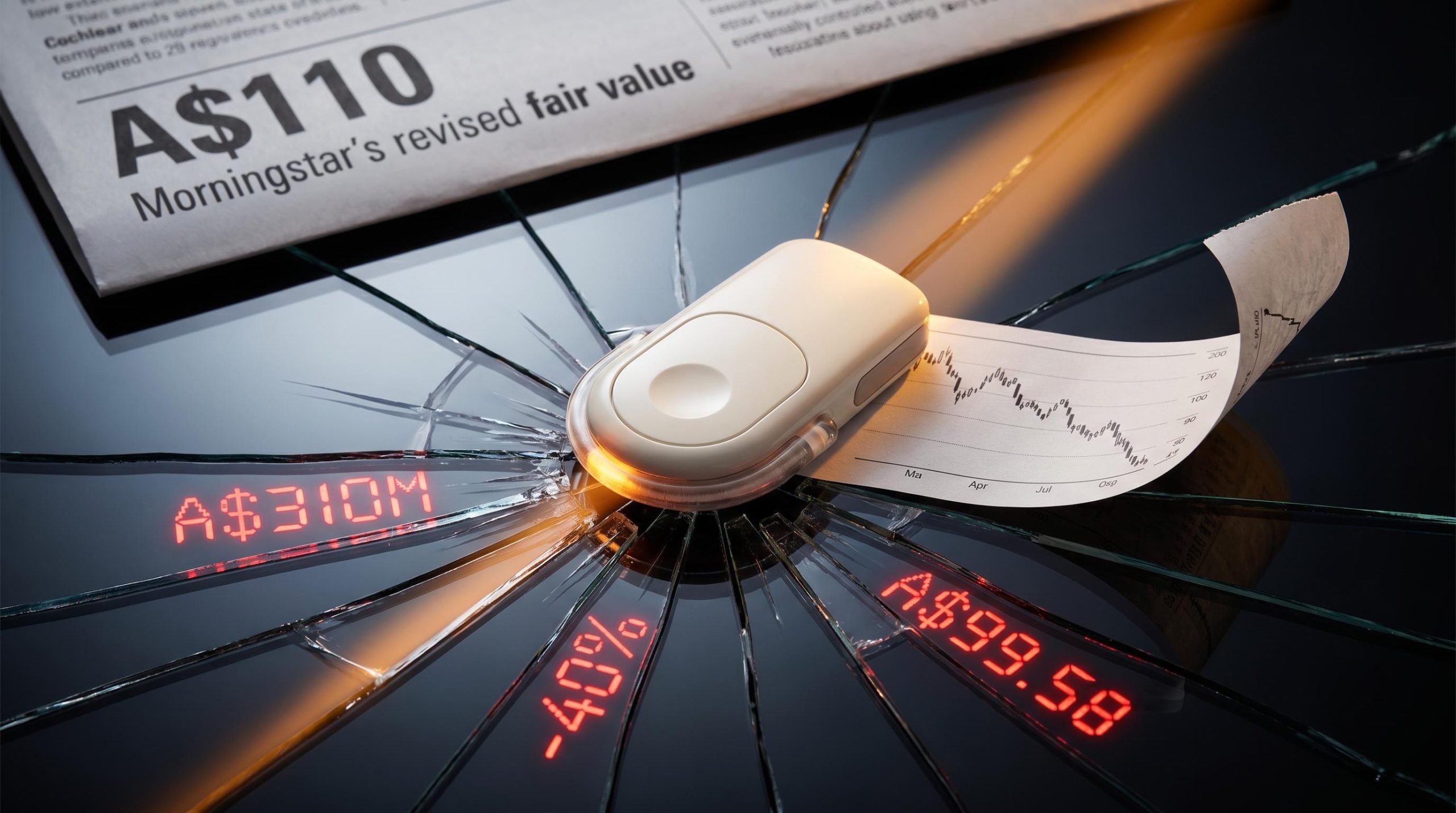 Cochlear implant device over shattered glass etched with A$310M and -40%, reflecting the COH share price collapse