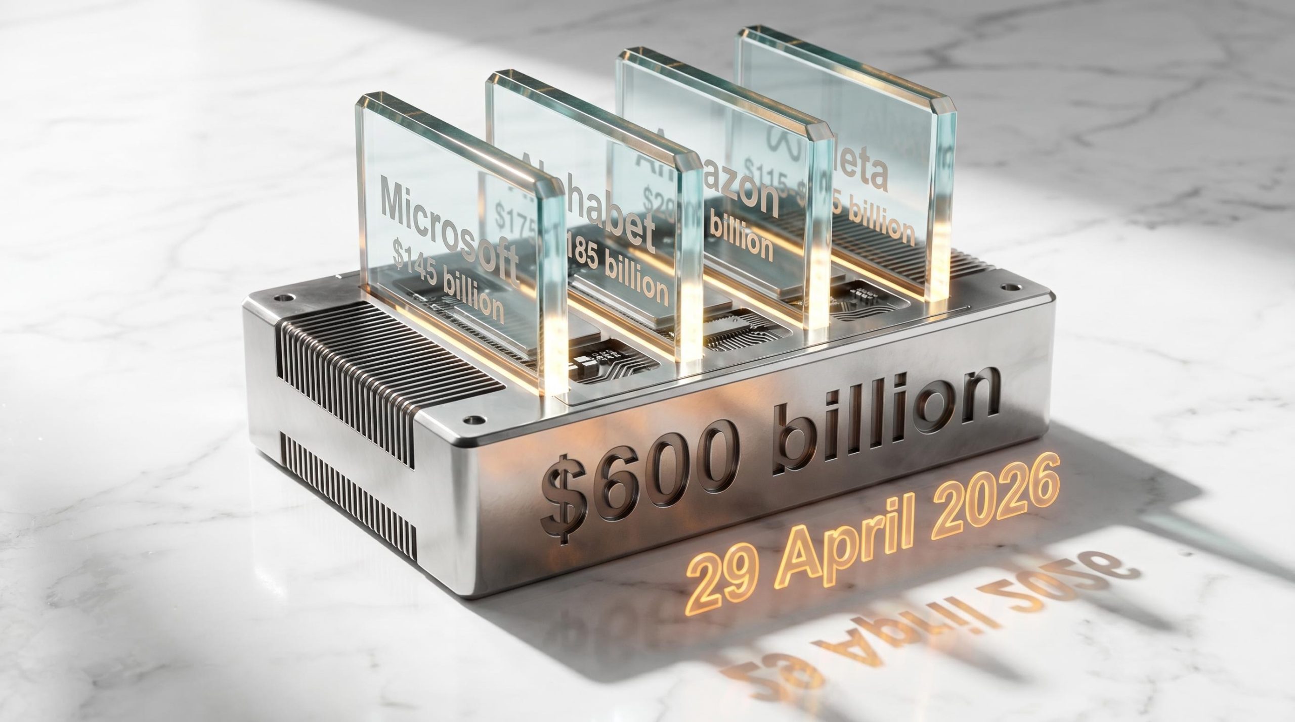 Titanium AI processor engraved with $600 billion infrastructure cost, highlighting big tech earnings and specific capex data.